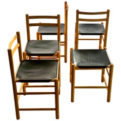 Ate Van Apeldoorn for Houtwerk Hattem Four Black Leather Dining Chairs + Hocker