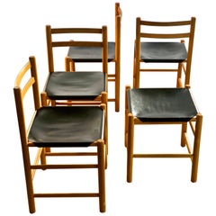 Ate Van Apeldoorn for Houtwerk Hattem Four Black Leather Dining Chairs + Hocker 