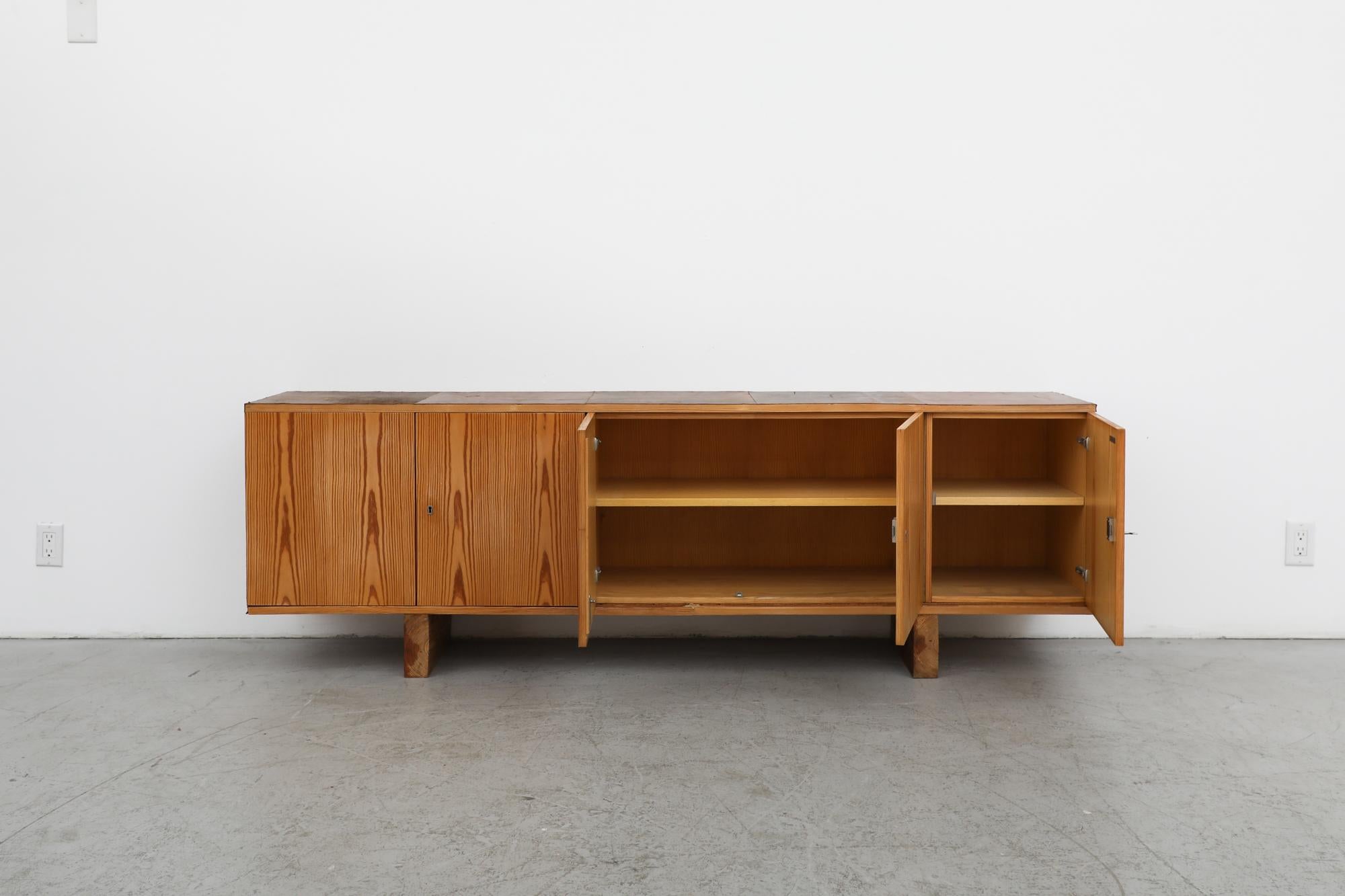 Ate Van Apeldoorn Inspired Long Pine Credenza with Leather Top In Good Condition In Los Angeles, CA