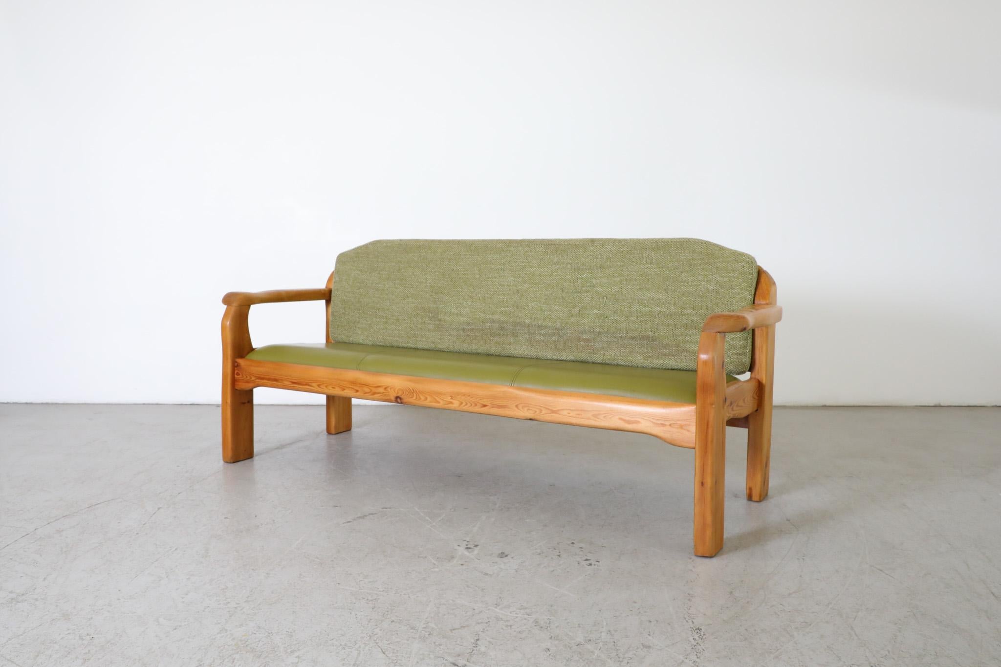 Mid-Century Modern Ate van Apeldoorn Inspired Pine Bench with Green Cushions & Hand Carved Details For Sale