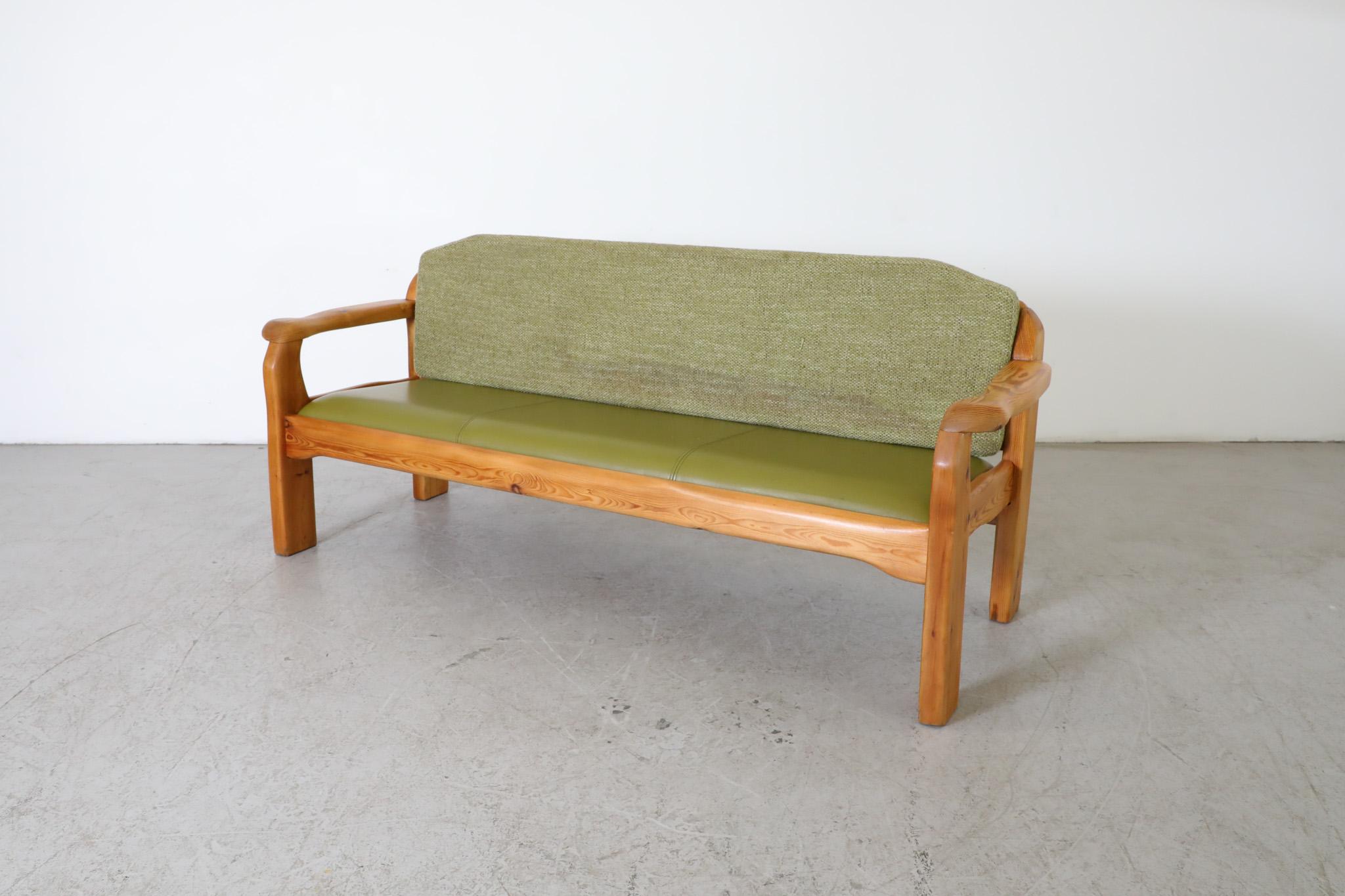 Dutch Ate van Apeldoorn Inspired Pine Bench with Green Cushions & Hand Carved Details For Sale