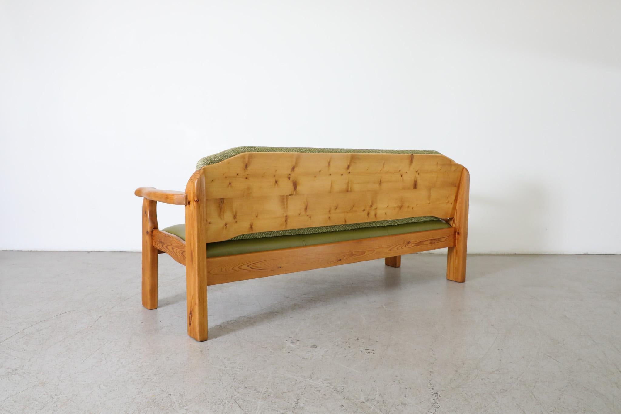 Mid-20th Century Ate van Apeldoorn Inspired Pine Bench with Green Cushions & Hand Carved Details For Sale
