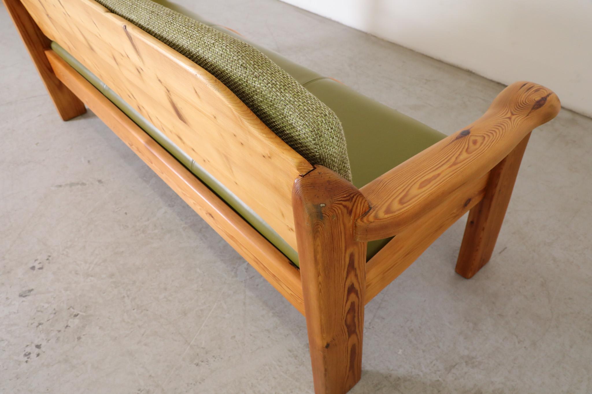 Ate van Apeldoorn Inspired Pine Bench with Green Cushions & Hand Carved Details 2