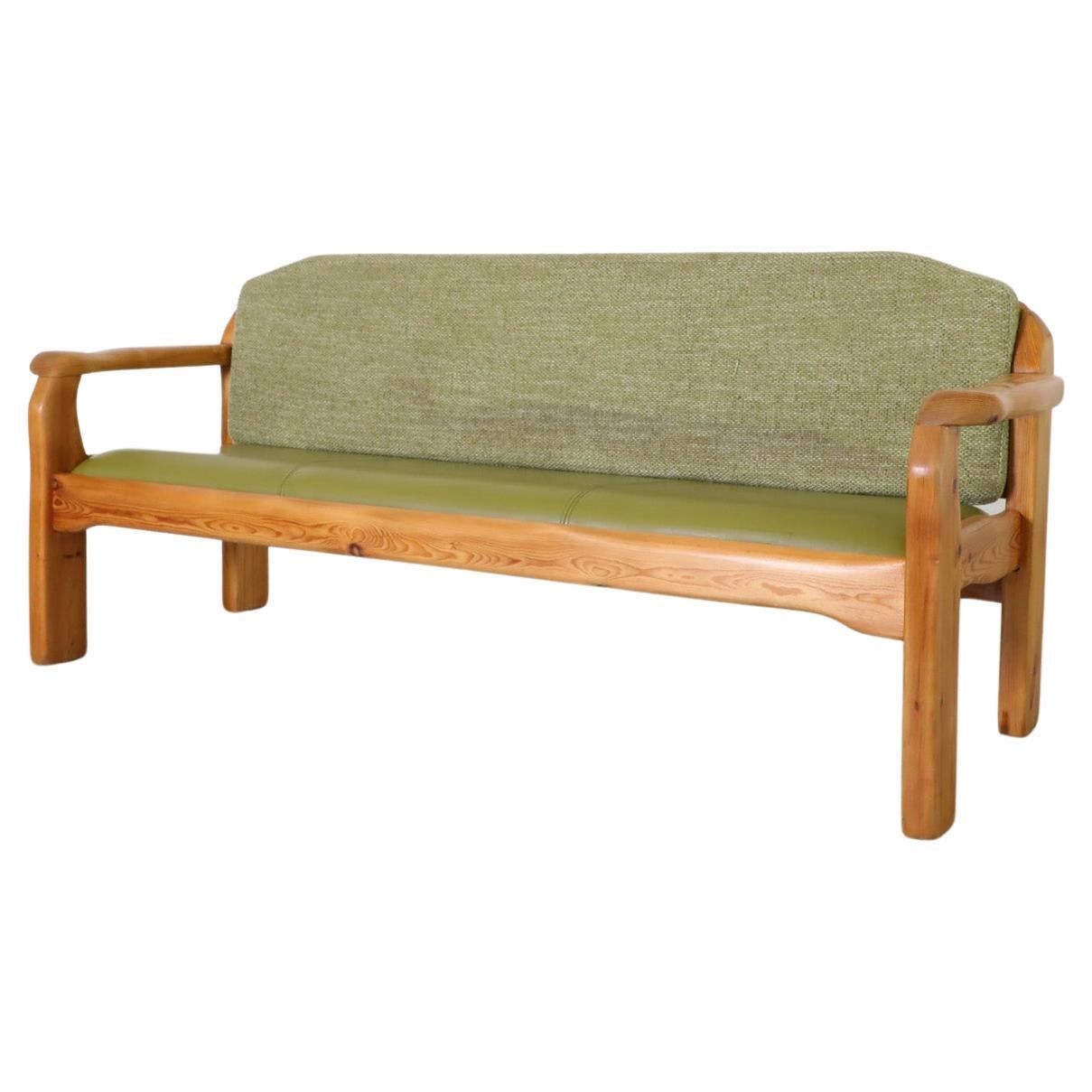 Ate van Apeldoorn Inspired Pine Bench with Green Cushions & Hand Carved Details For Sale