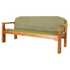 Vintage Ate van Apeldoorn Inspired Pine Bench with Green Cushions & Hand Carved Details