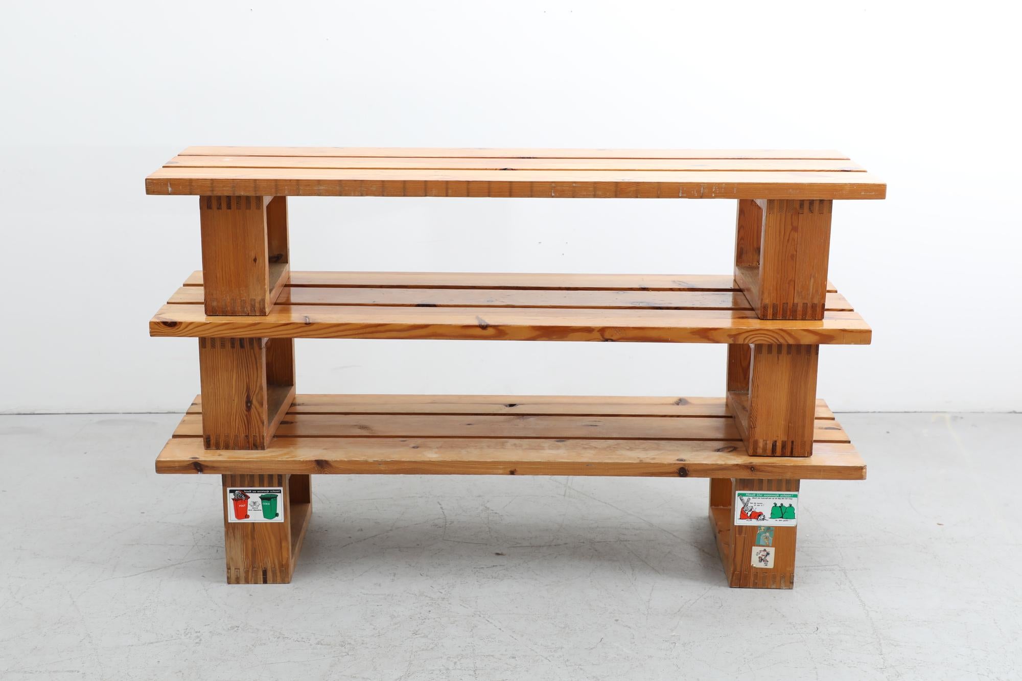 Ate van Apeldoorn Heavy Pine Slat Benches w/ Square Legs & Box Joints In Good Condition For Sale In Los Angeles, CA