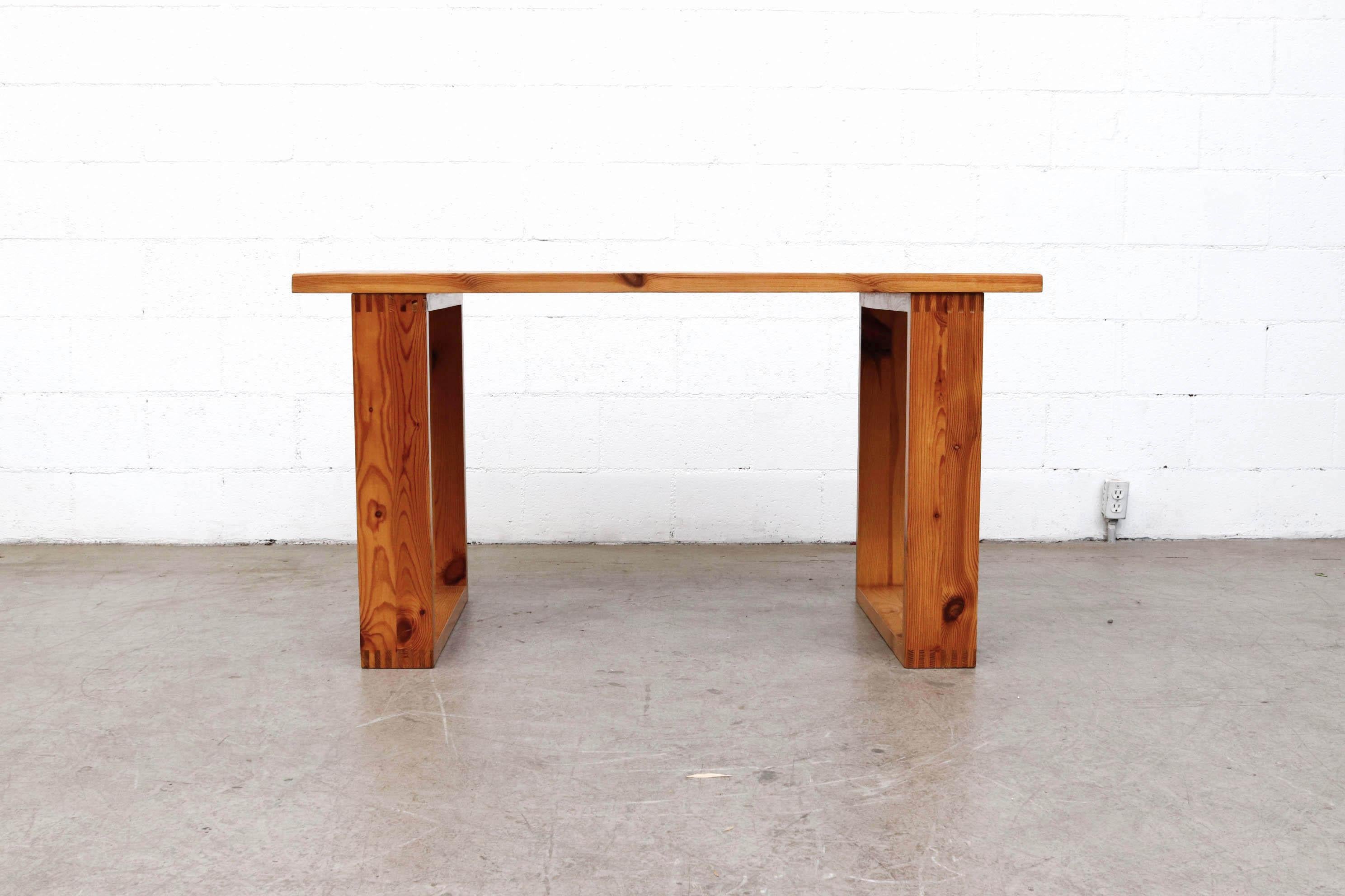 Simply beautiful pine table or desk by Ate Van Apeldoorn. Lightly refinished pine. Square shaped legs. Good original condition. Other Apeldoorn tables available and listed separately (LU922422751792, LU922422616422, LU922422616252).