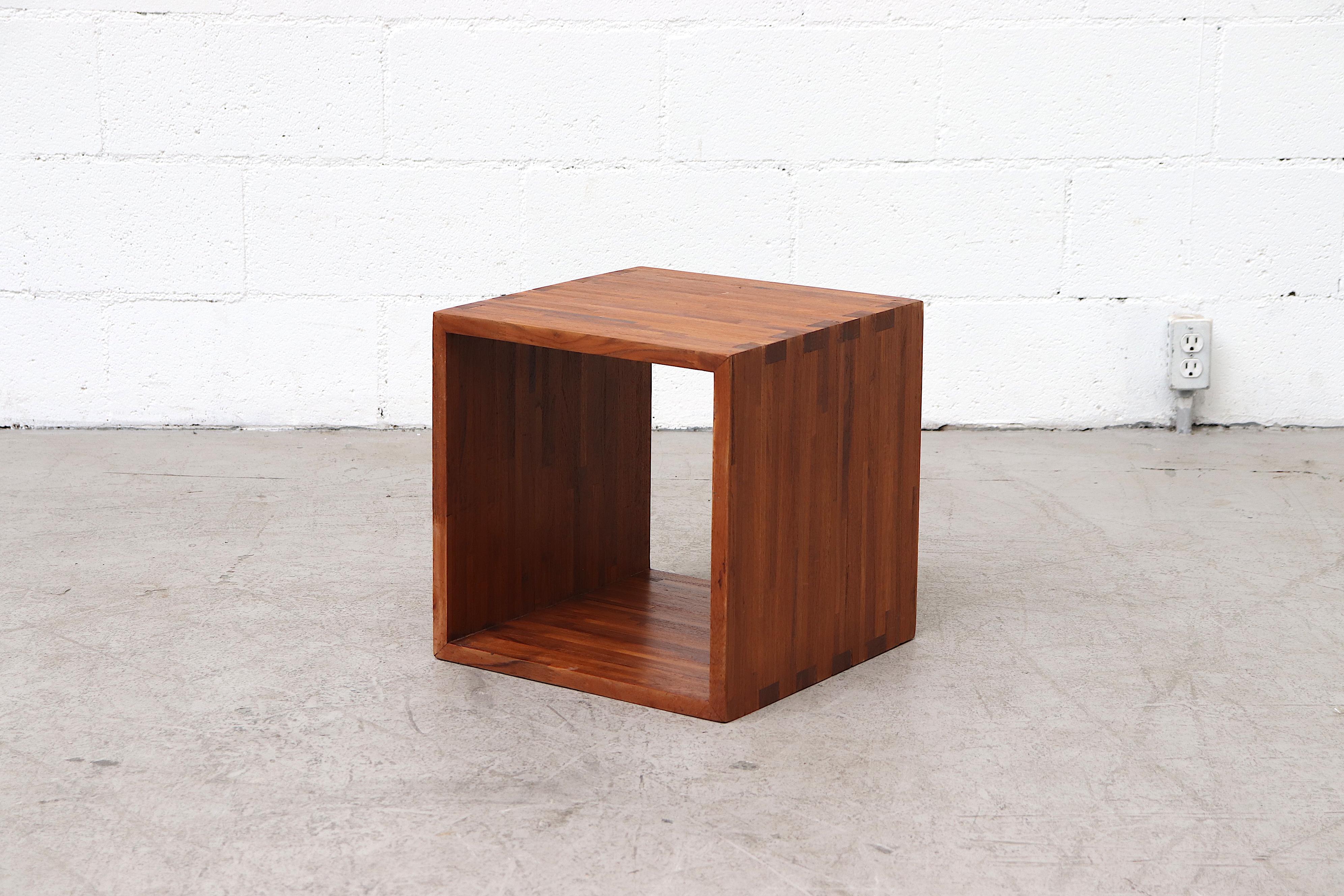 Beautiful and simplistically designed Ate Van Apeldoorn style cube pine cube side table. Lightly refinished in original condition with wear and scratching consistent with age and use.