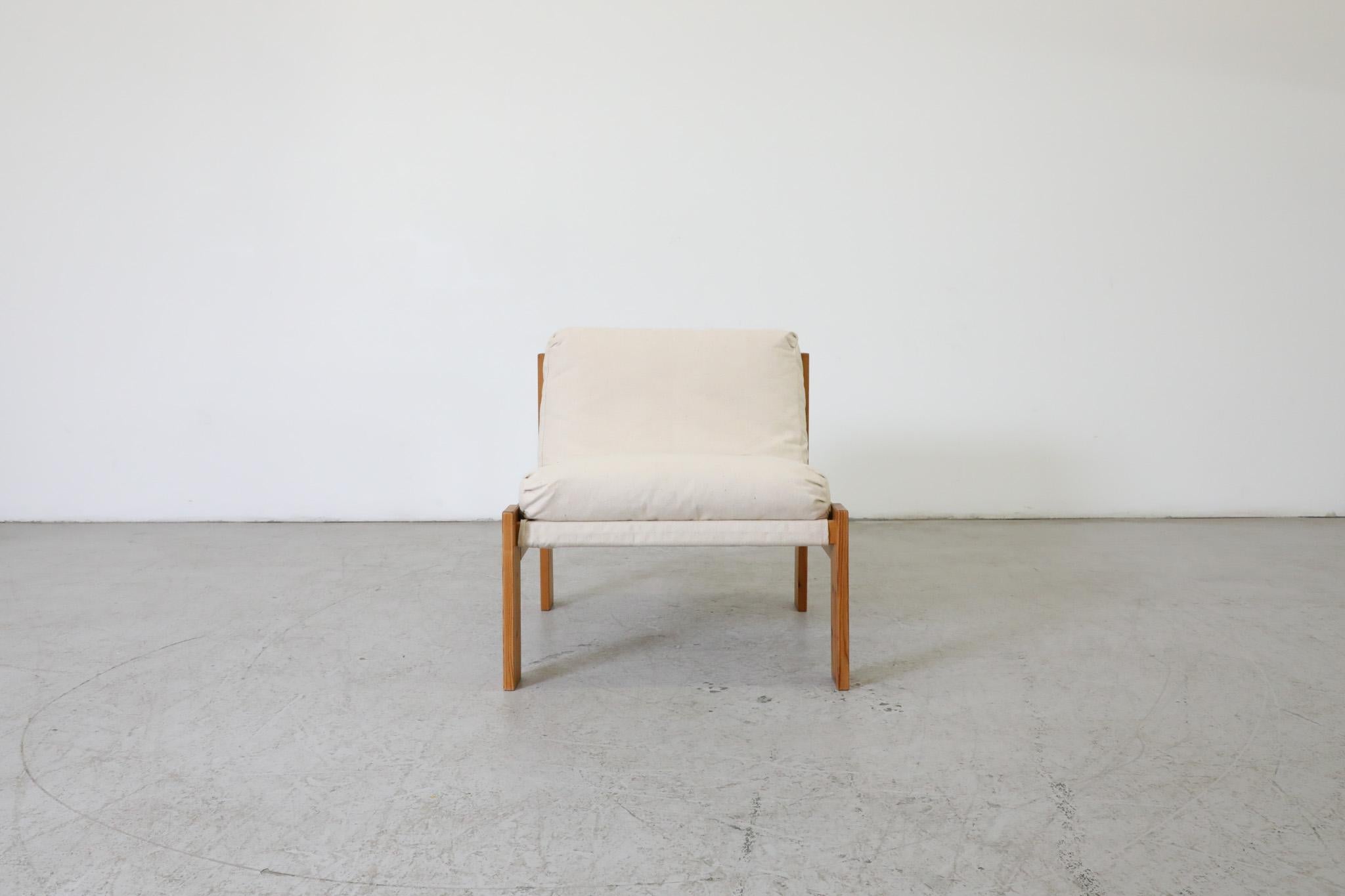 Mid-Century Modern Ate van Apeldoorn Style Pine Low Lounge Chair with Natural Canvas Sling Cushion