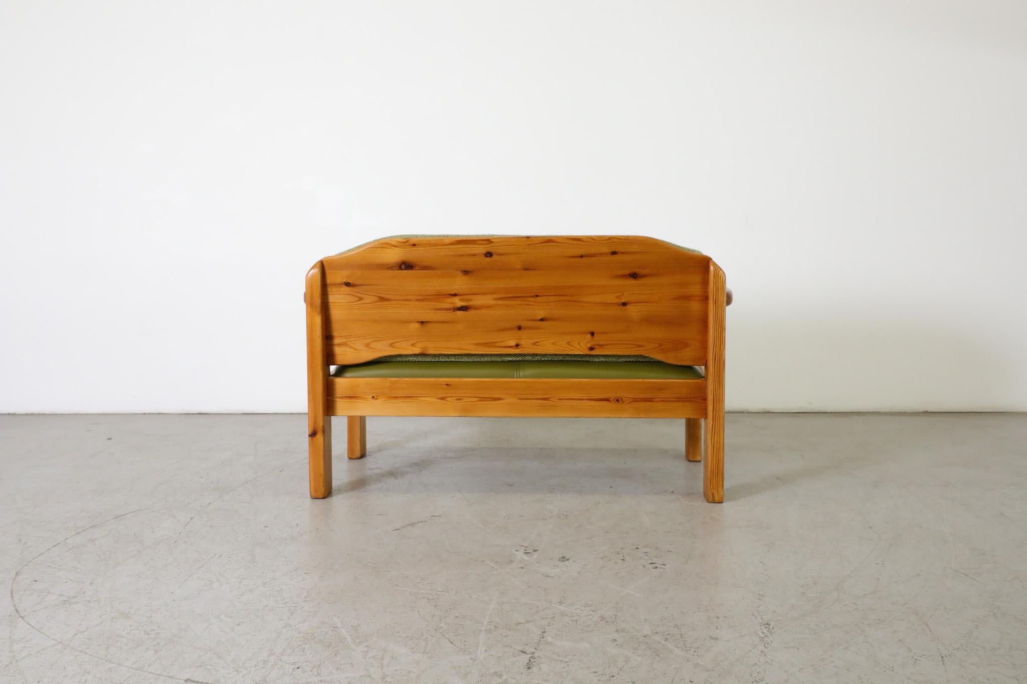 Mid-20th Century Ate van Apeldoorn Style Pine Two Seat Bench with Green Cushions For Sale