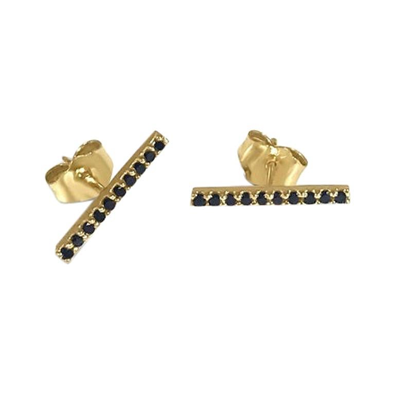 Atelier All Day 14 Karat Yellow Gold and Black Diamond Bar Stud Earrings For Sale