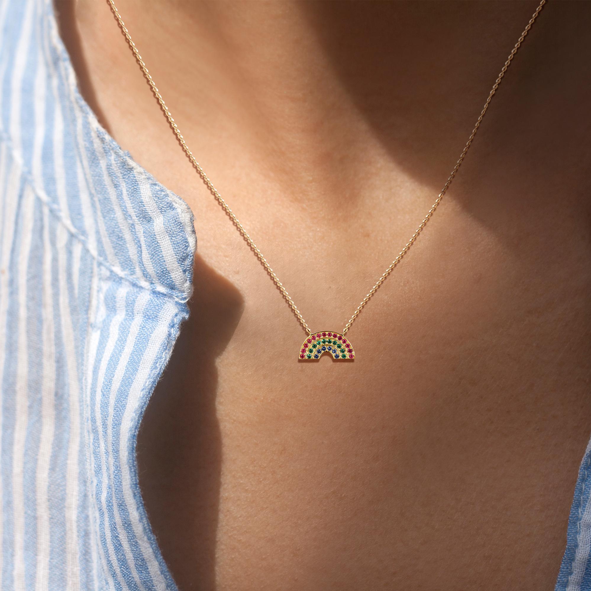 Modern Atelier All Day 14k Gold RAINBOWHUNT Pendant with a Rainbow of Rubies, Emeralds For Sale