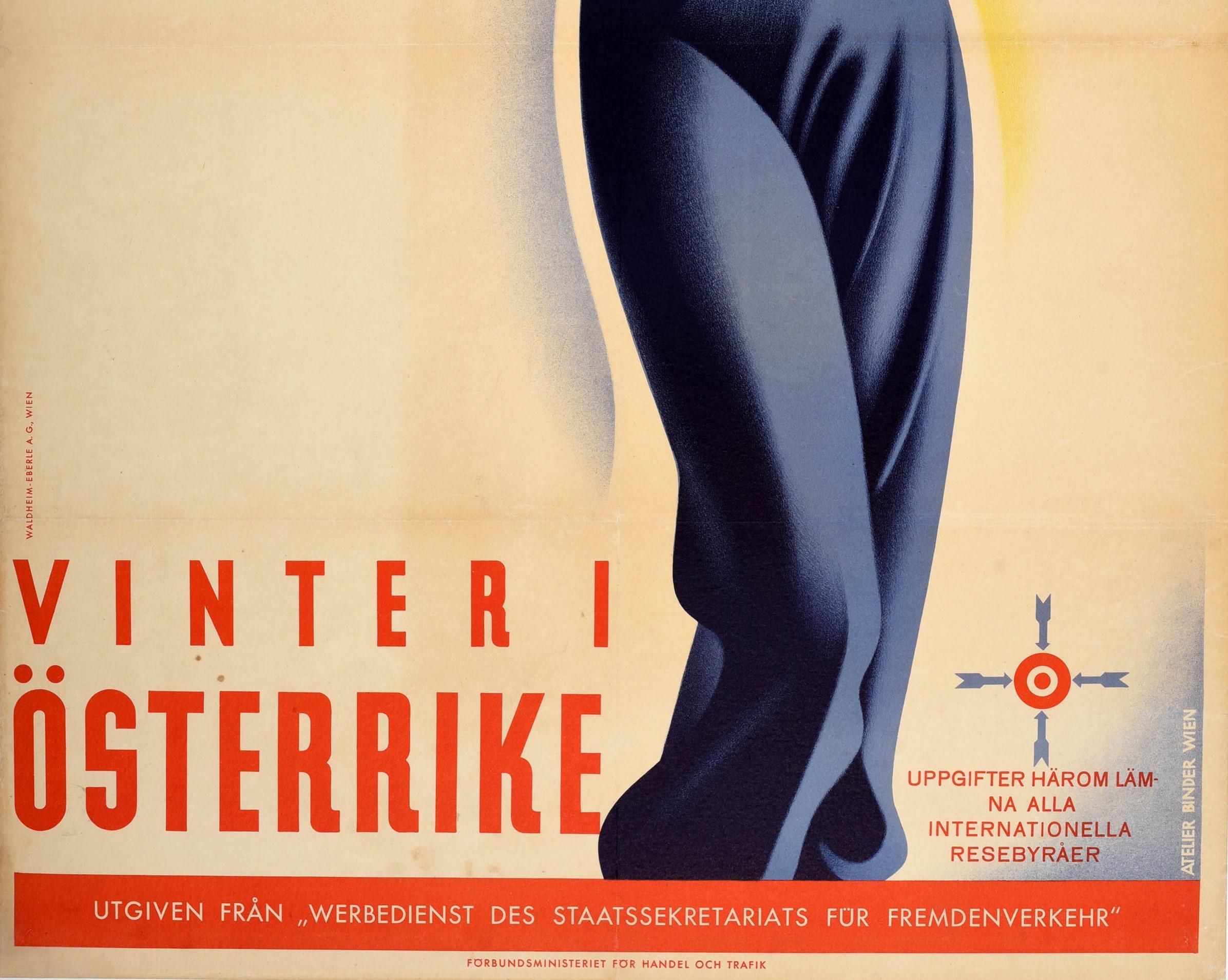 Original Vintage Art Deco Poster Vinter I Osterrike Winter In Austria Alps Skier - Orange Print by Atelier Binder