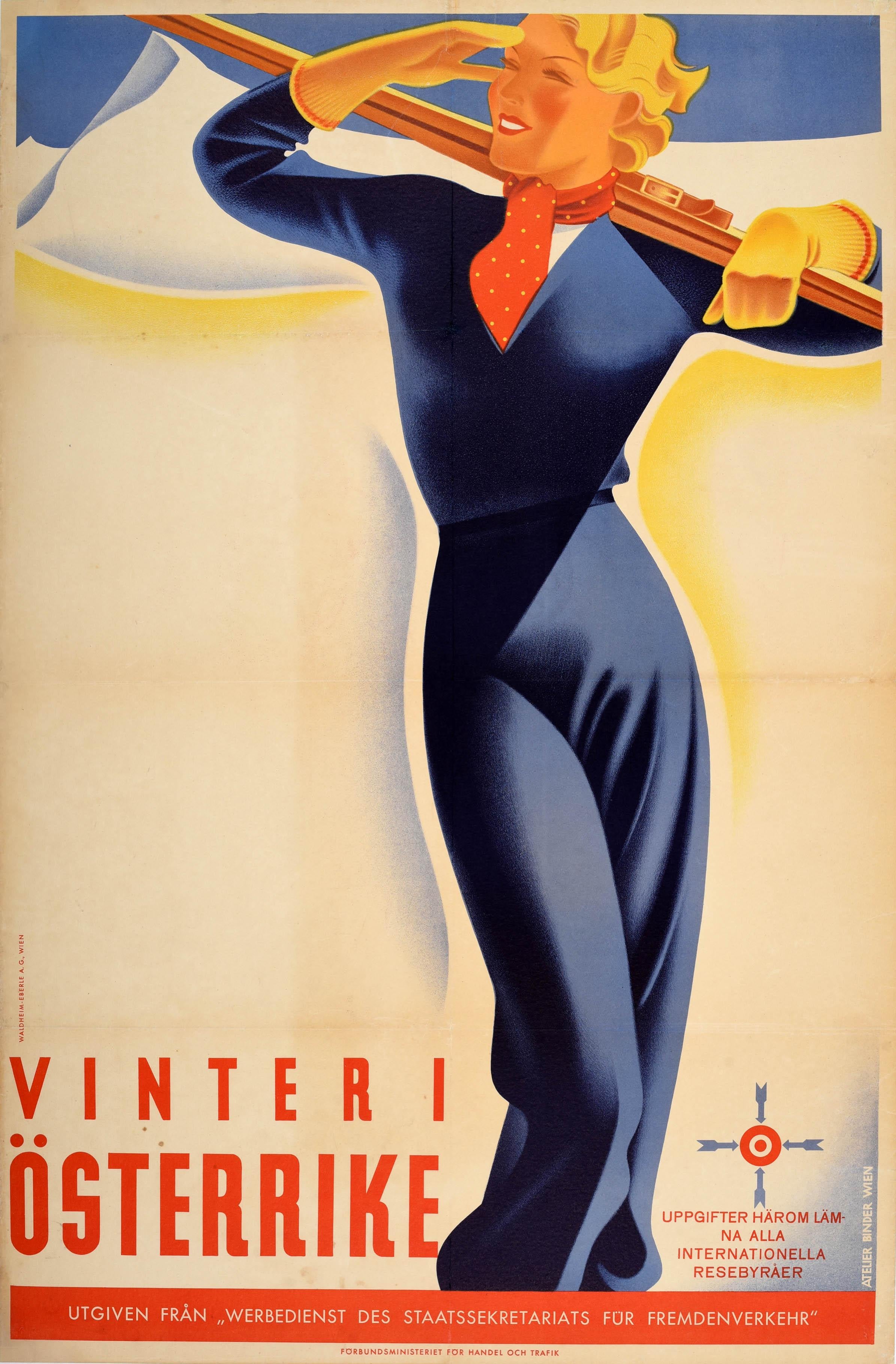 Original-Vintage-Art-déco-Poster Vinter I Osterrike, Winter in den österreichischen Alpen, Skier