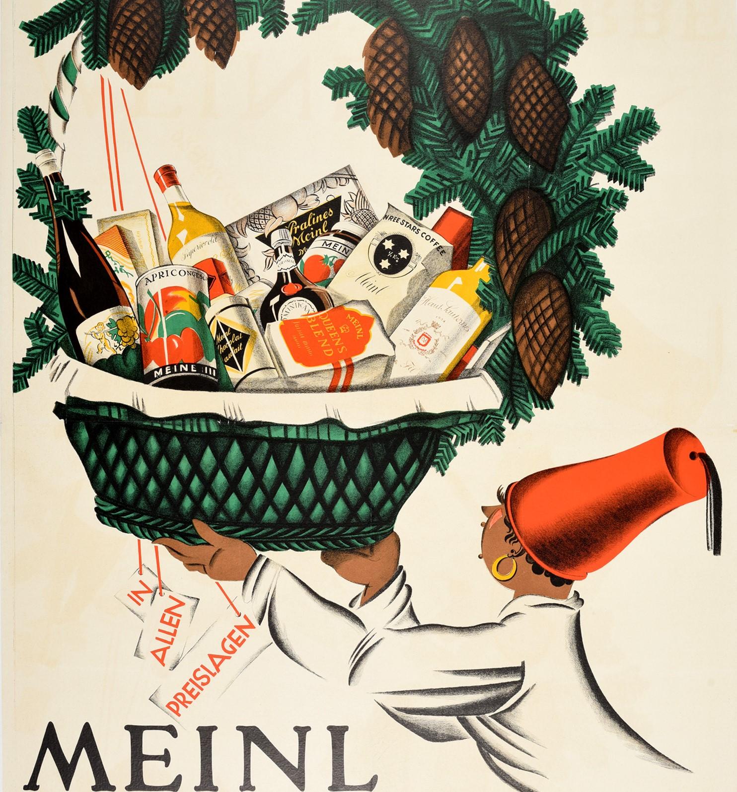 Affiche publicitaire vintage originale Meinl Gift Baskets / Meinl Geschenkkorbe représentant une personne tenant un panier vert de nourriture et de boissons comprenant des pralines, du thé et du café, du vin et des fruits en conserve avec des pommes