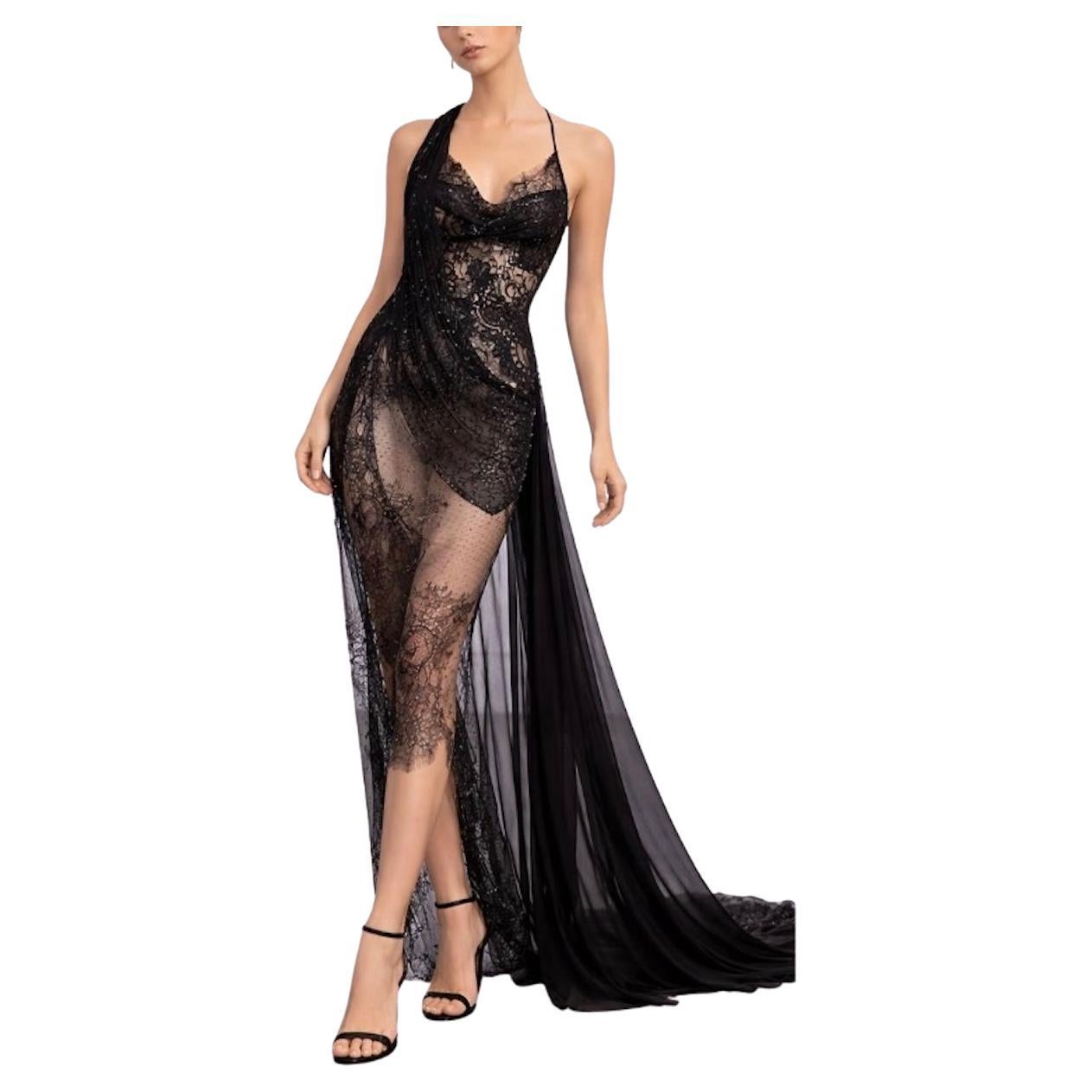 ATELIER Black Silk Chiffon 
Antique Lace Beaded Gown