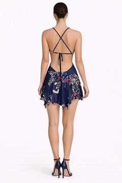 ATELIER Blue & Pink Sequined Jersey Silver Strap Backless #3 Dress