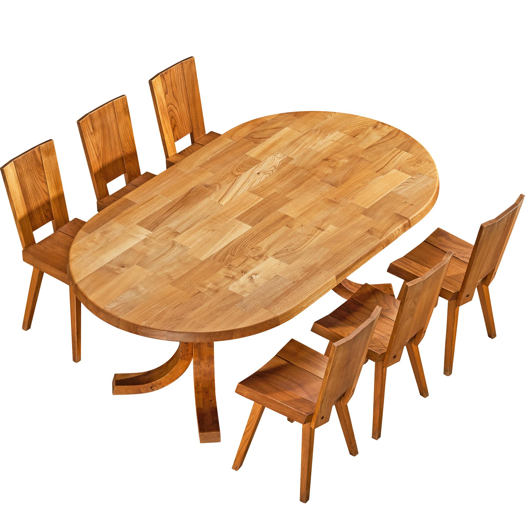 Ensemble de salle à manger Atelier C. Demoyen avec table et six chaises en orme massif en vente