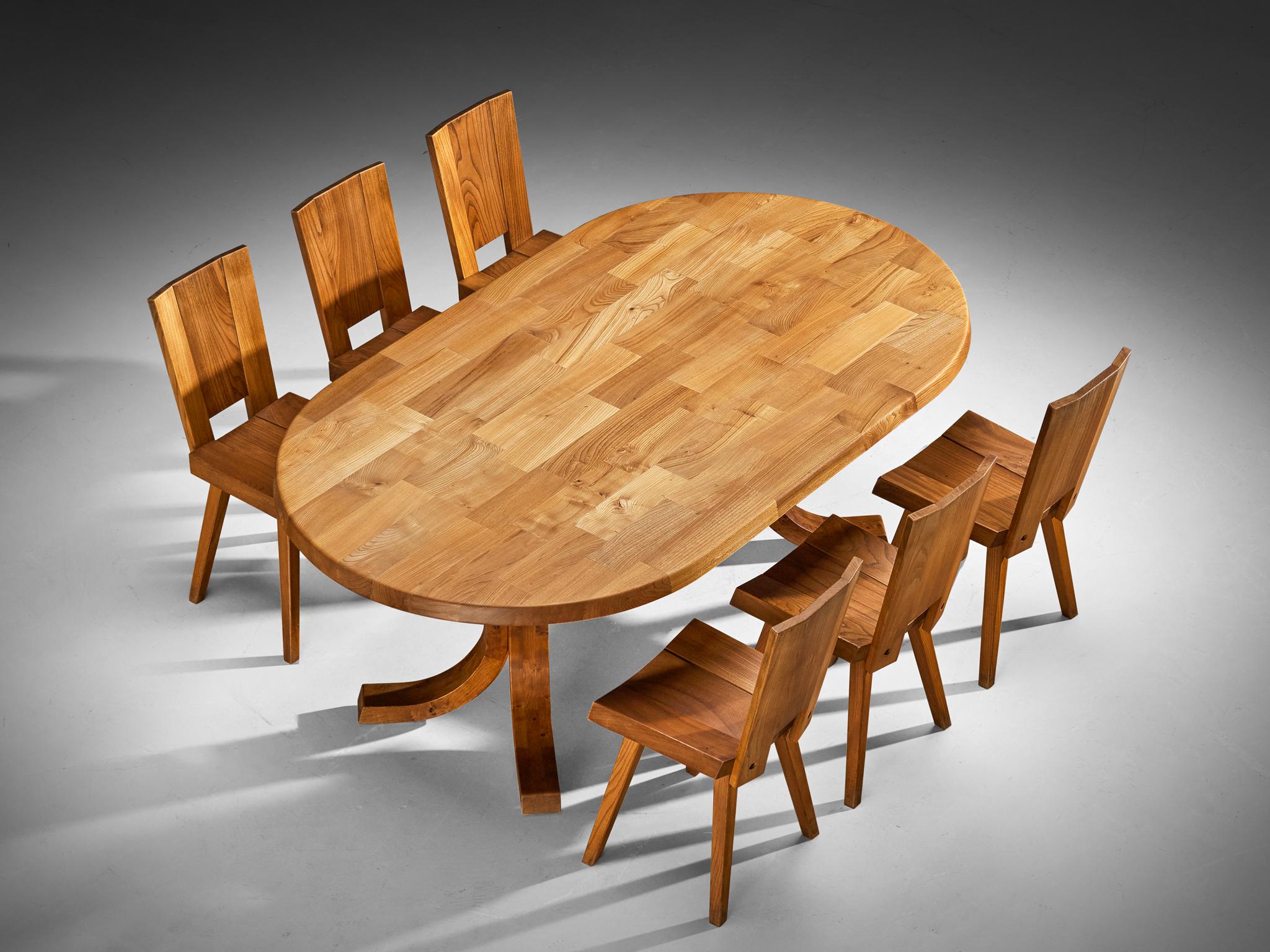 A.I.C. C., table et six chaises de salle à manger, orme massif, France, années 1970

L'Atelier C. Demoyen (Claude de Moyen) s'est fait connaître en tant qu'atelier reconnu pour la réalisation, entre autres, des designs de Pierre Chapo. Par