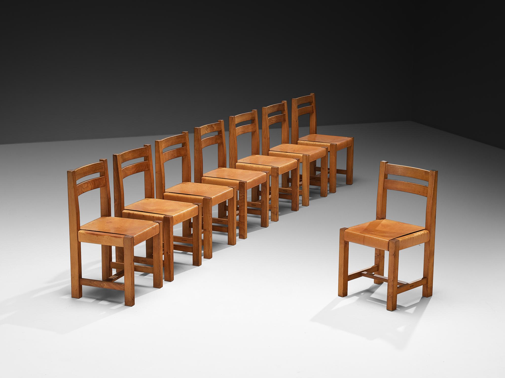 Atelier C. Demoyen, set of eight dining chairs, elm, leather, rope, brass, France, 1970s

Striking set of chairs by Atelier C. Demoyen. Echoing the refined simplicity of the iconic S24 model conceived by Pierre Chapo, these pieces in solid elmwood