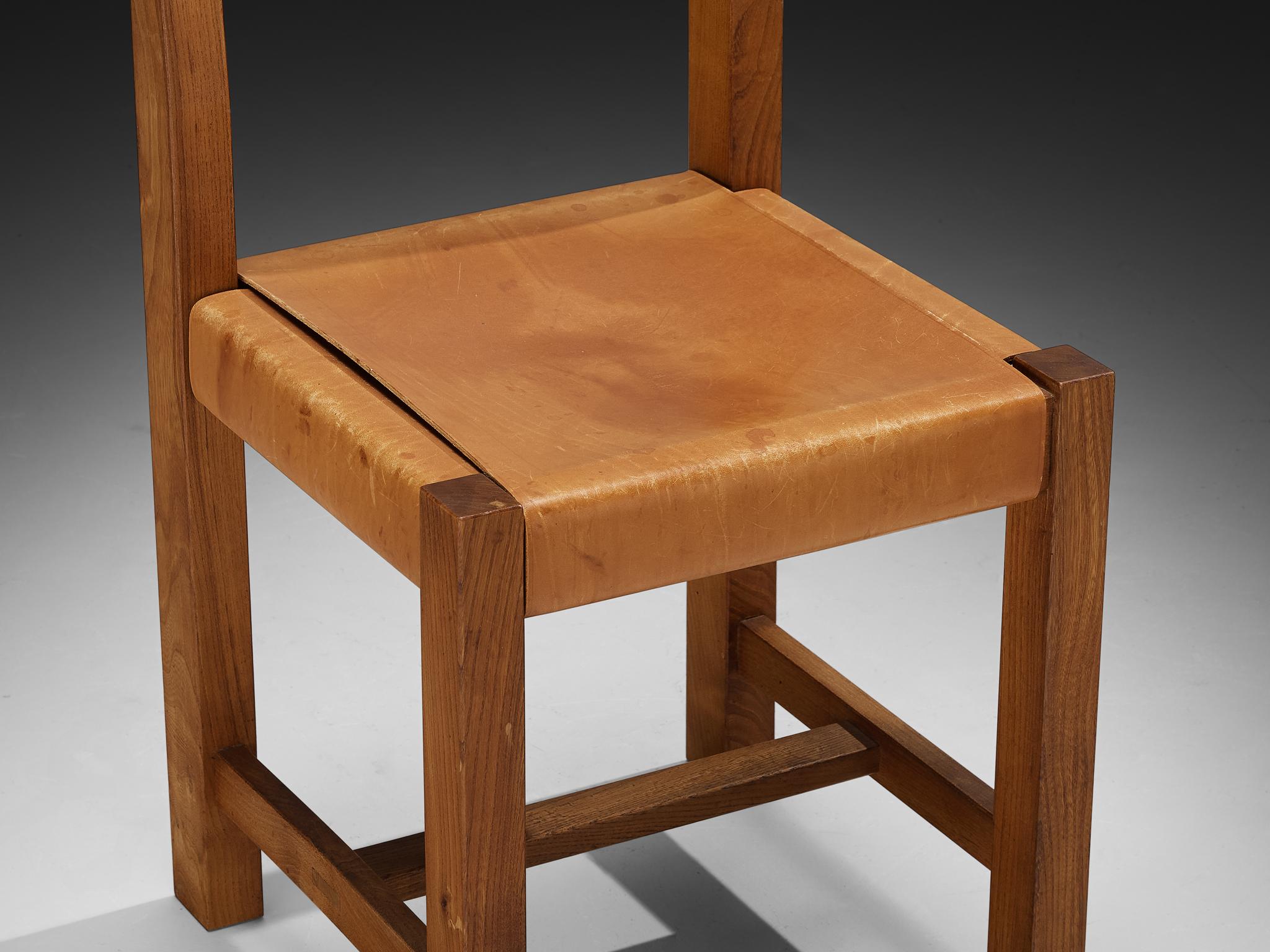 Late 20th Century Atelier C. Demoyen Set of Eight Dining Chairs in Elm and Cognac Leather For Sale