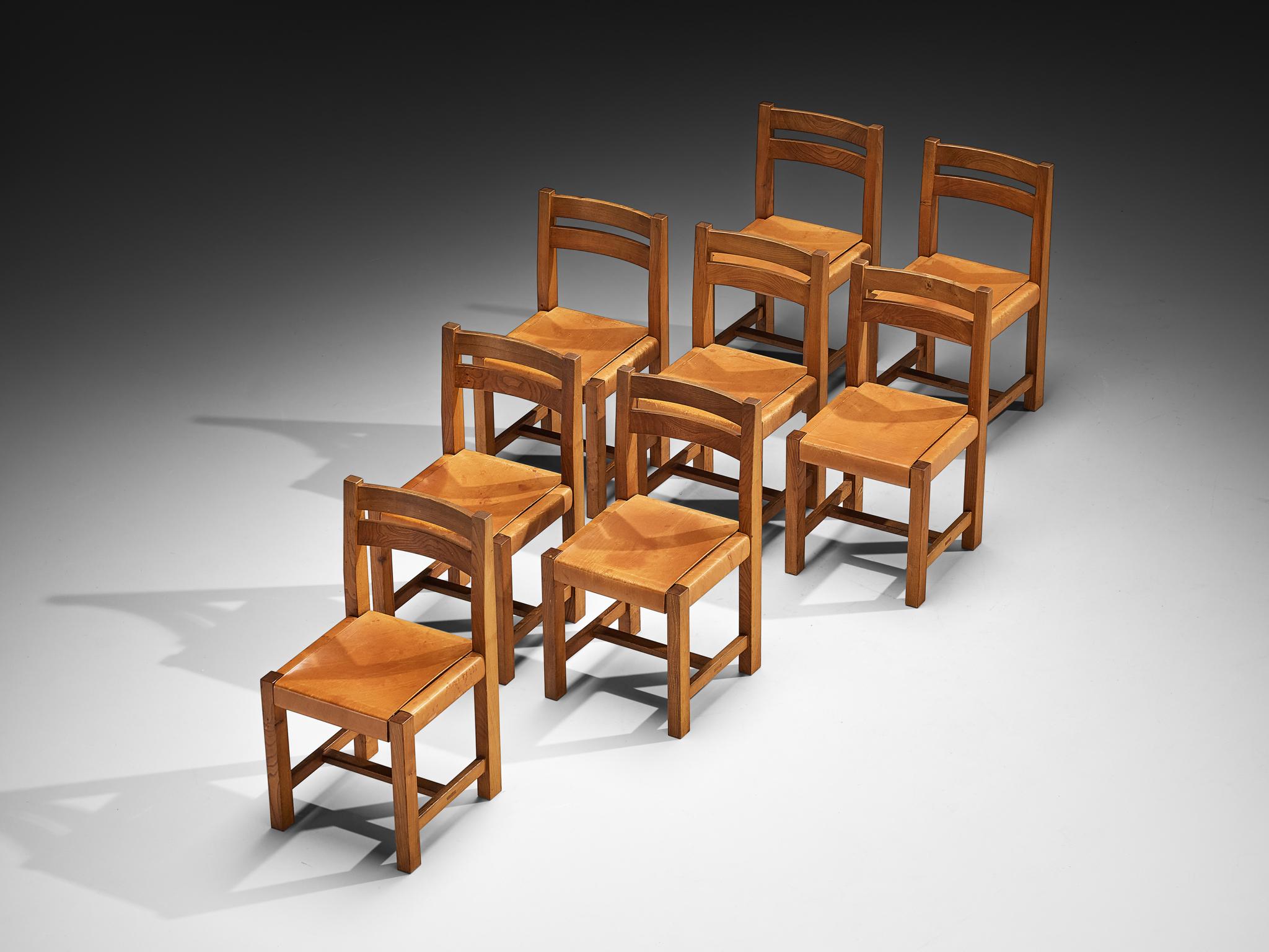 Atelier C. Demoyen Set of Eight Dining Chairs in Elm and Cognac Leather For Sale 1