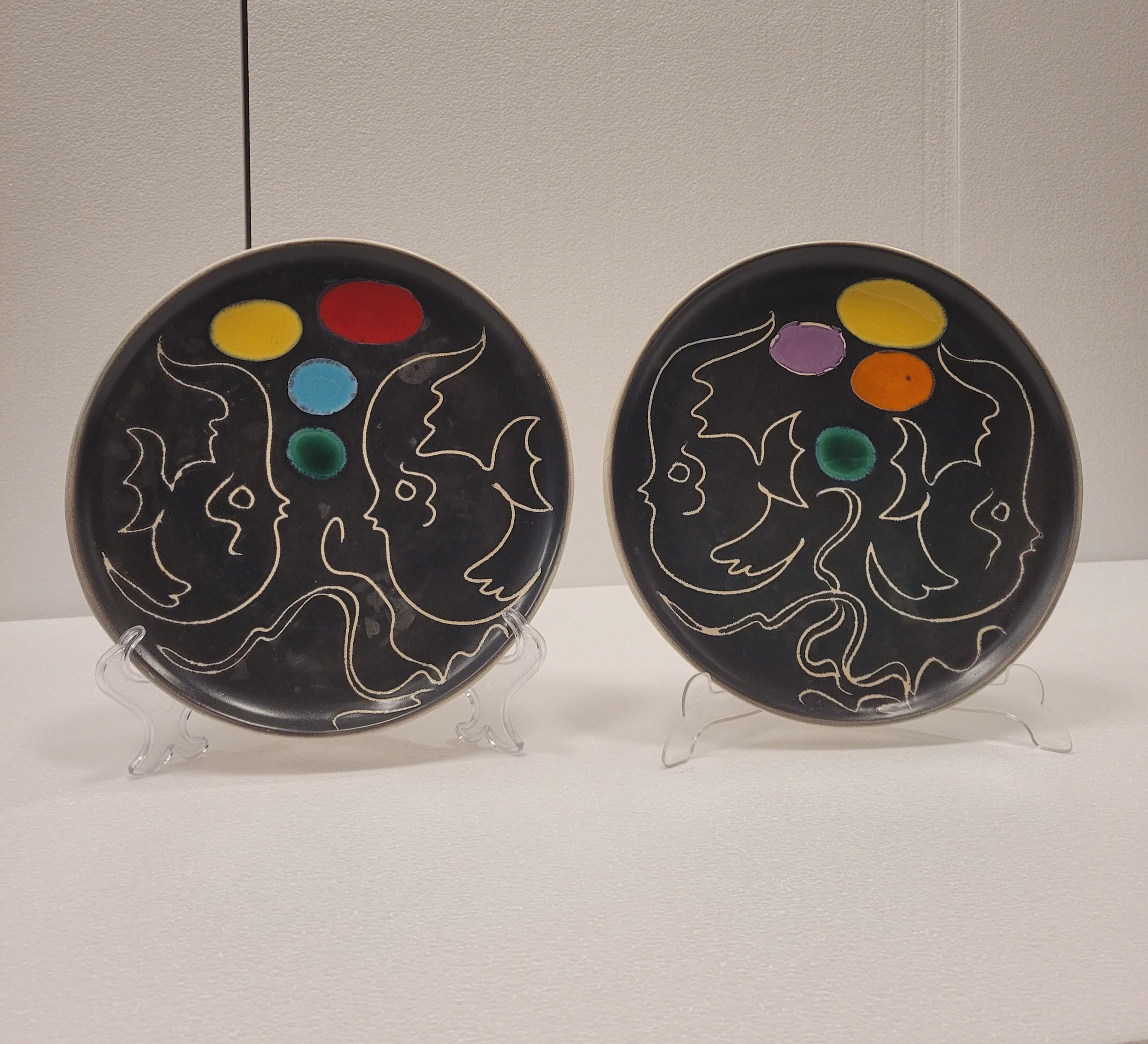 Atelier CERENNE RENE  NEVEUX VALLAURIS 50s French Ceramic Abstract pair plate For Sale 14