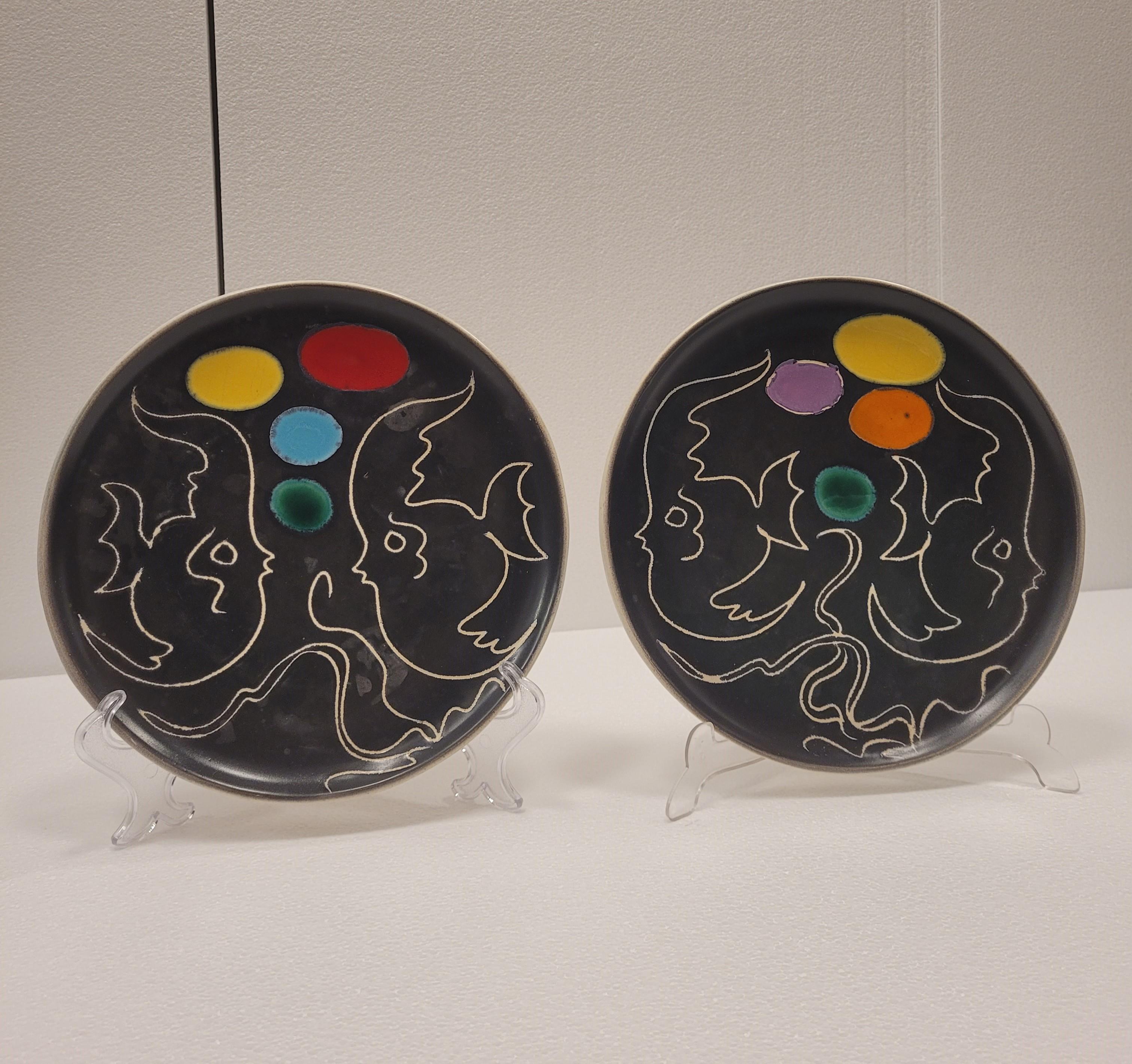 Mid-20th Century Atelier CERENNE RENE  NEVEUX VALLAURIS 50s French Ceramic Abstract pair plate For Sale
