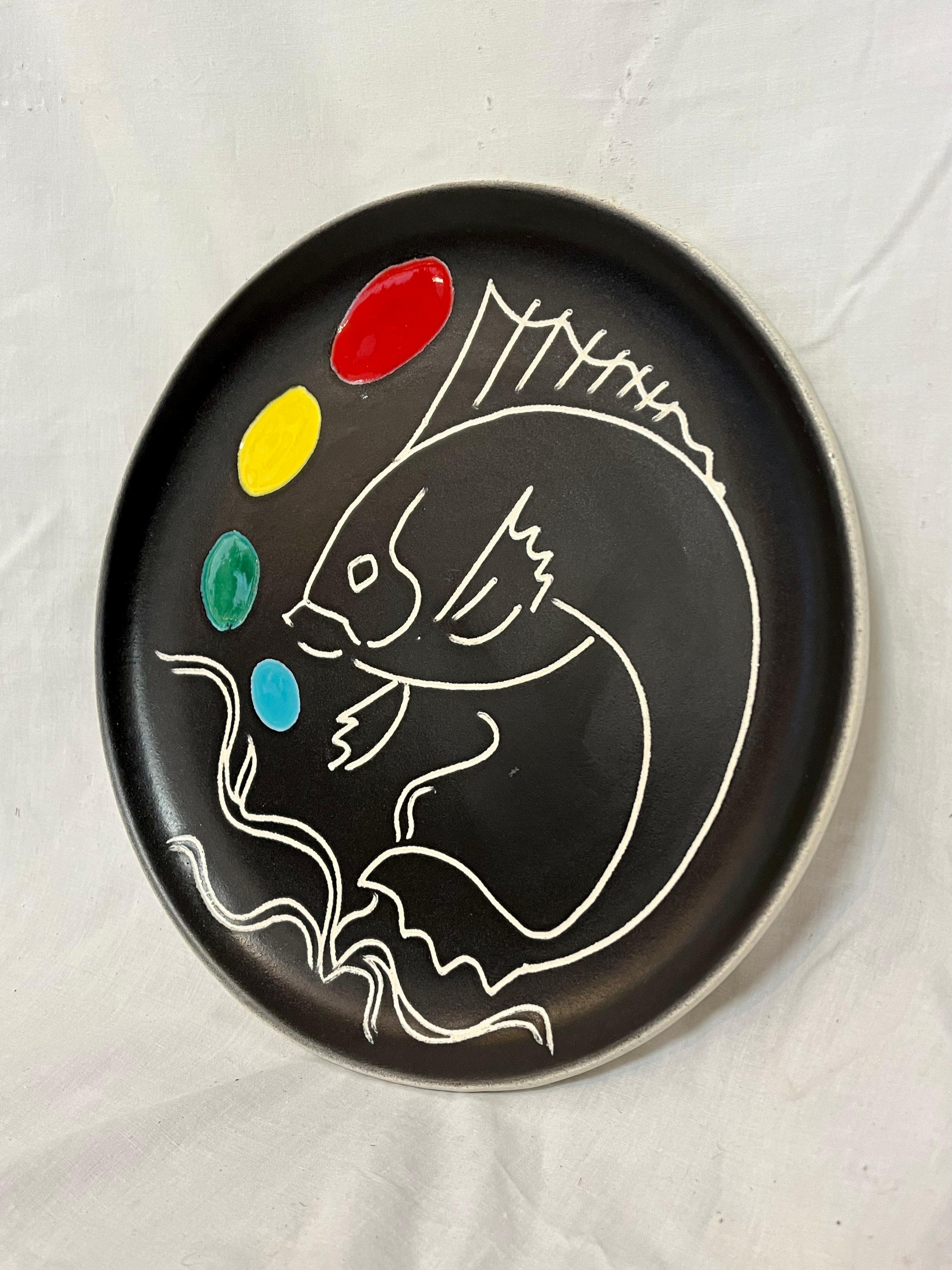Mid-Century Modern Atelier Cerenne Rene Neveux Vallauris French Ceramic Abstract Glazed Plate For Sale