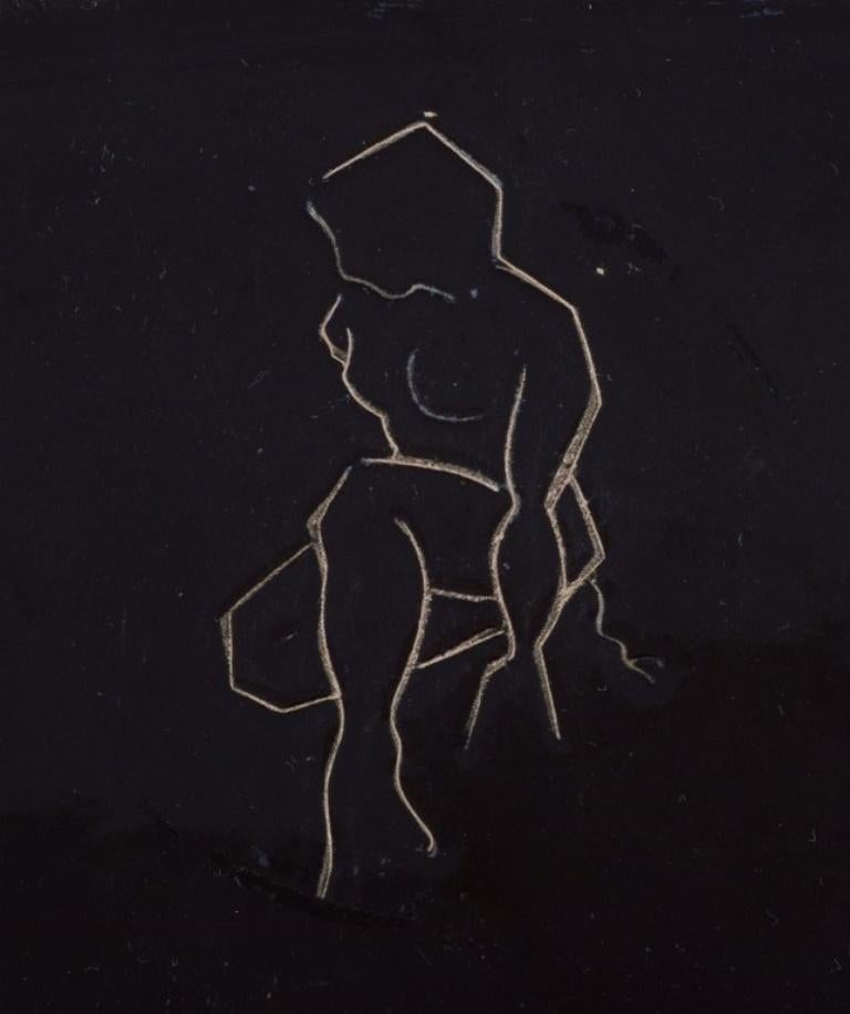 Atelier Cerenne, Vallauris, Frankreich. Handgefertigte Schale mit Motiv einer nackten Frau. (Glasiert) im Angebot
