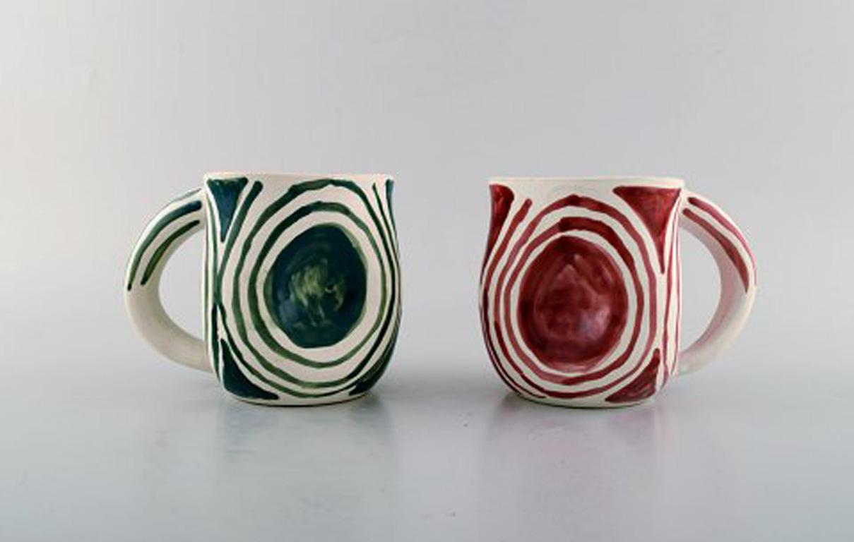 Atelier Cerenne, Vallauris, Set of Five Unique Hand Painted Cups and Jug In Good Condition In Copenhagen, DK