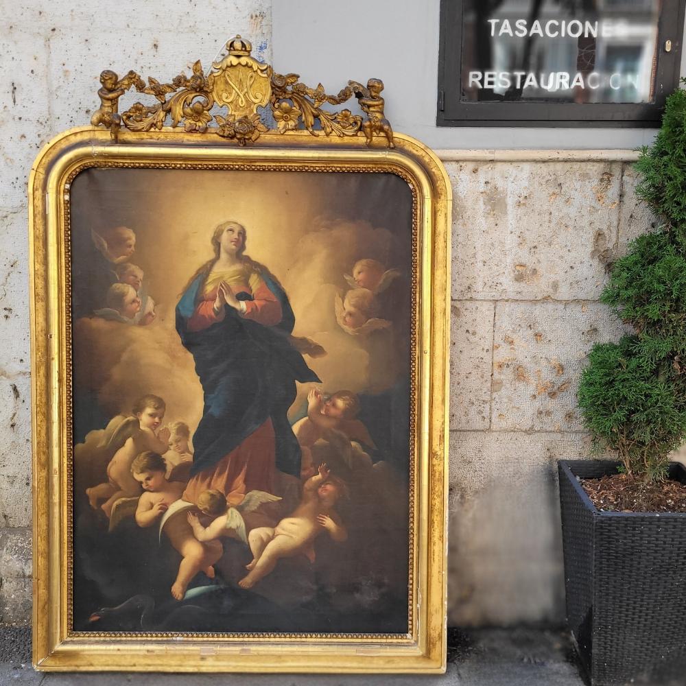 Immaculate Virgin Oil on Canvas, Italian School, after of Luca Giordano - Brown Figurative Painting by Atelier de Luca Giordano (Naples 1634 - 1705)