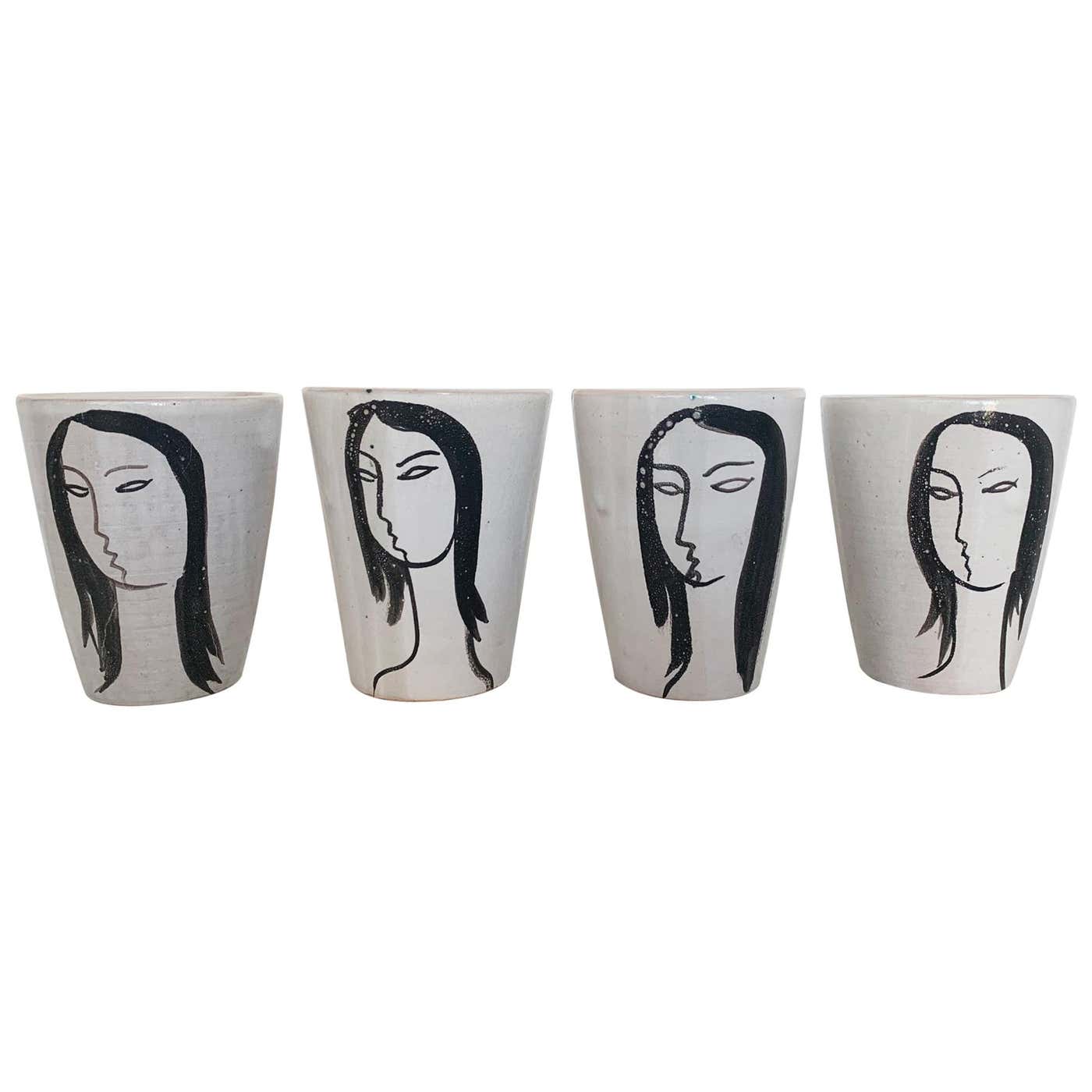 VALLAURIS, ATELIER DU GRAND CHENE Hand-painted Ceramic Cups, 1950s at ...