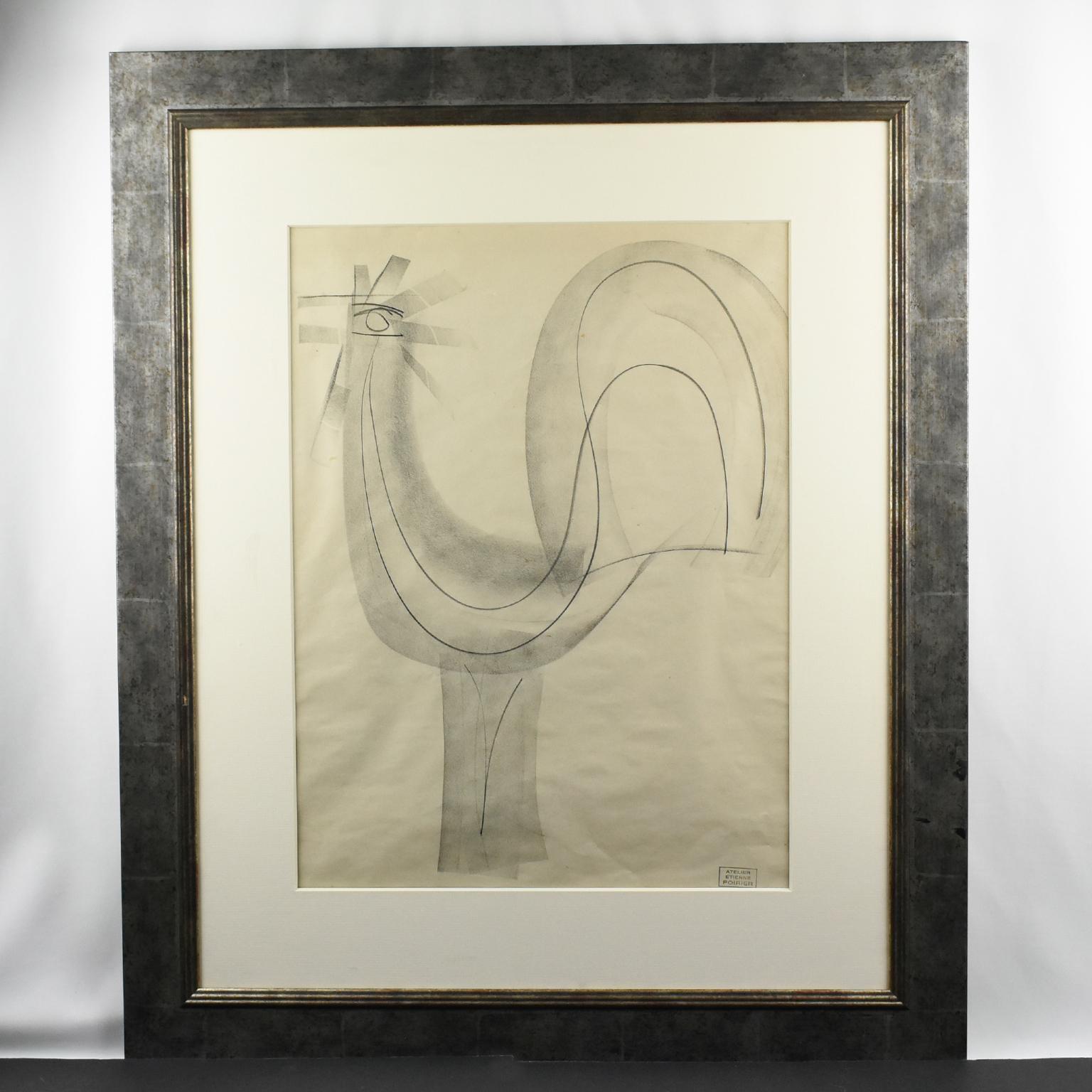 Stunning charcoal drawing by French artist Etienne Poirier (1909-2002). This work is a charcoal on paper depicting a proud rooster. Minimalist interpretation, only a few lines create the design which gives lots of intensity and presence to the