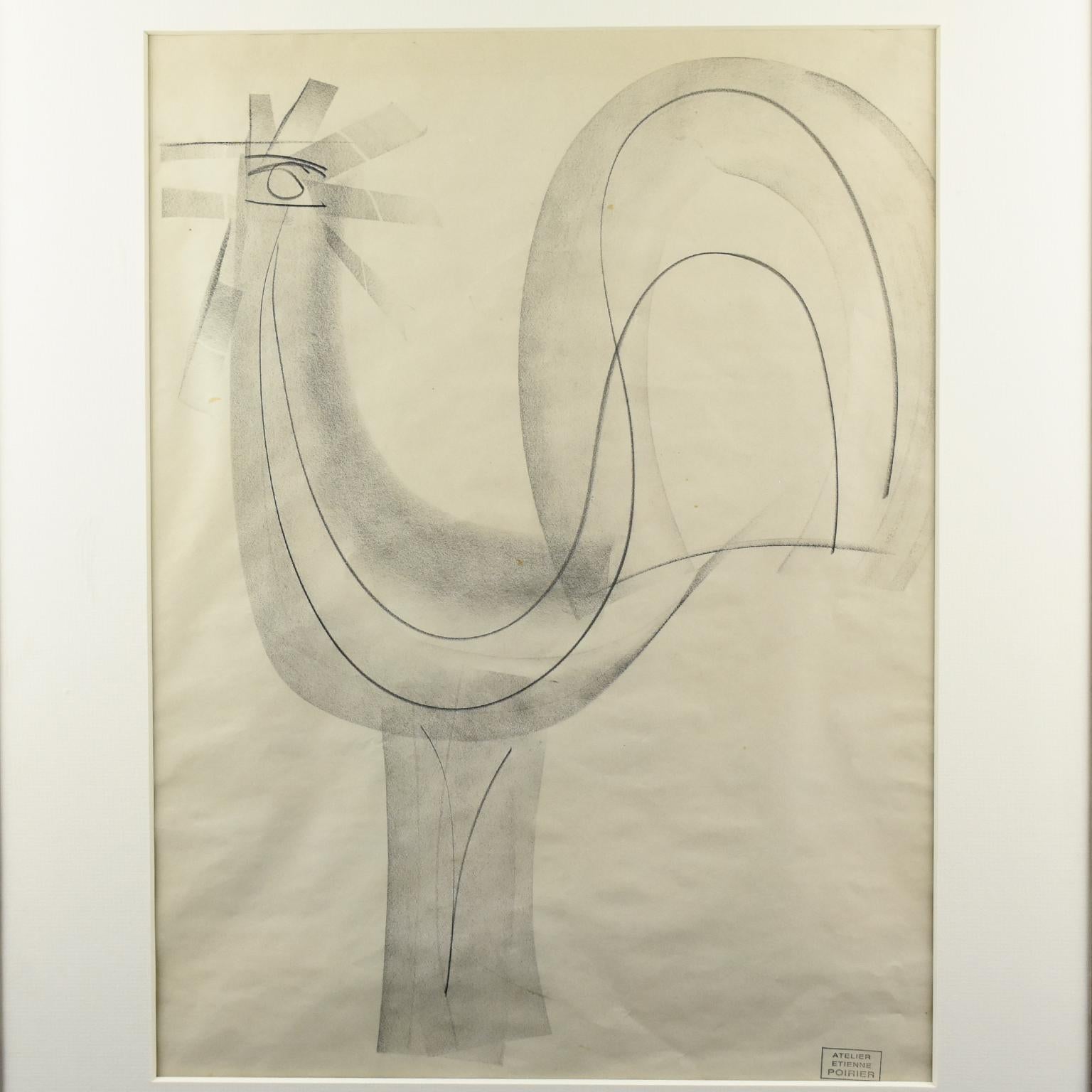Minimalist Atelier Etienne Poirier France 1950s Charcoal Drawing 'The Rooster'