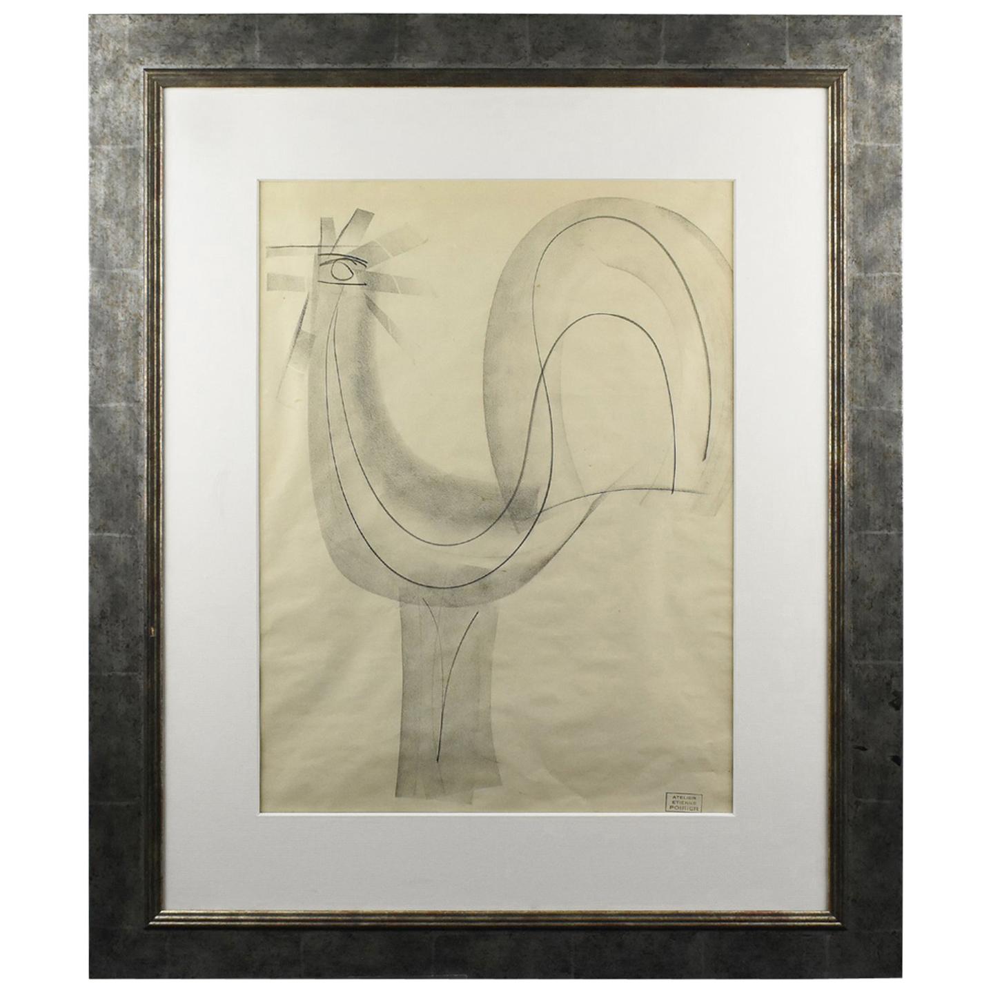Atelier Etienne Poirier France 1950s Charcoal Drawing 'The Rooster'