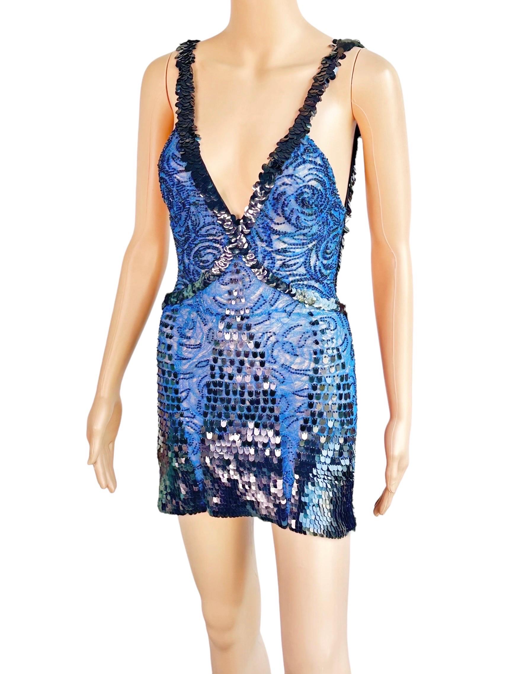 Atelier Gianni Versace Couture F/W 2001 Runway Embellished Sheer Lace Mini Dress In Good Condition In Naples, FL