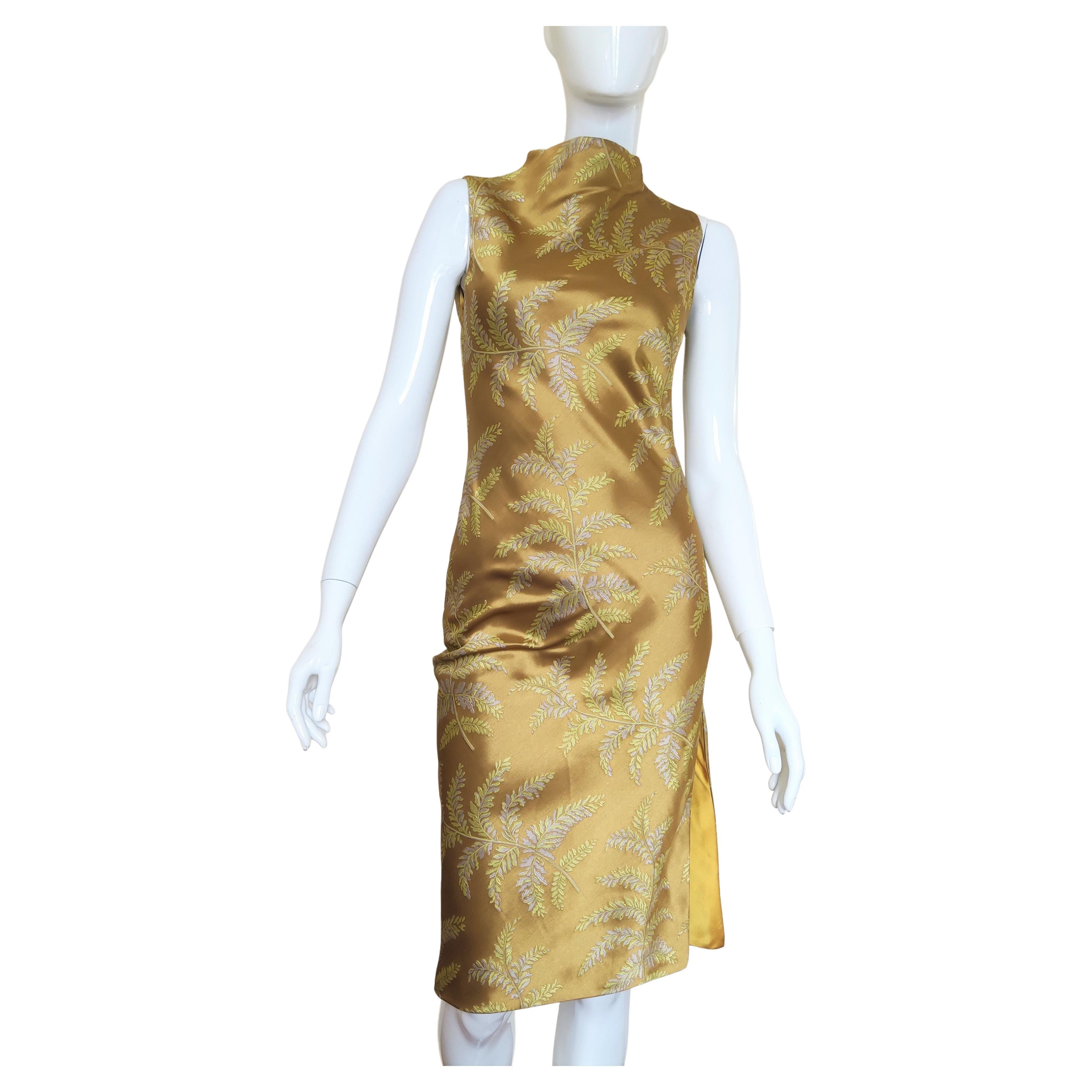 Atelier Gianni Versace Silk Mustard Yellow Floral Leaf Evening Baroque Dress For Sale