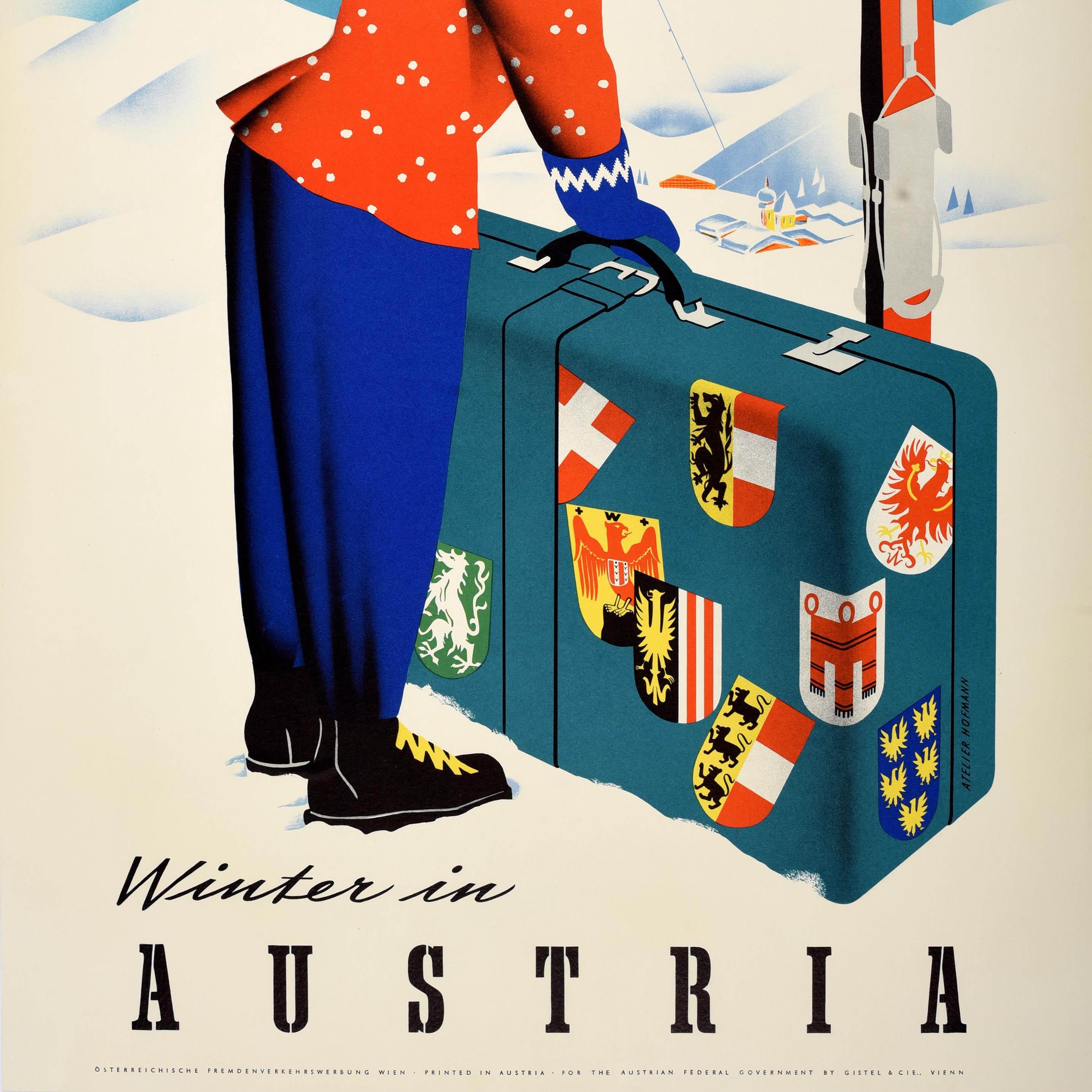 Original Vintage Ski Sport Travel Poster Winter In Austria KLM Skiers Airline For Sale 1