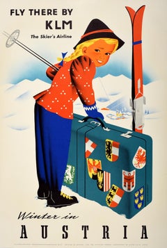 Affiche vintage originale de voyage Ski Sport d'hiver en Autriche KLM Skiers Airline