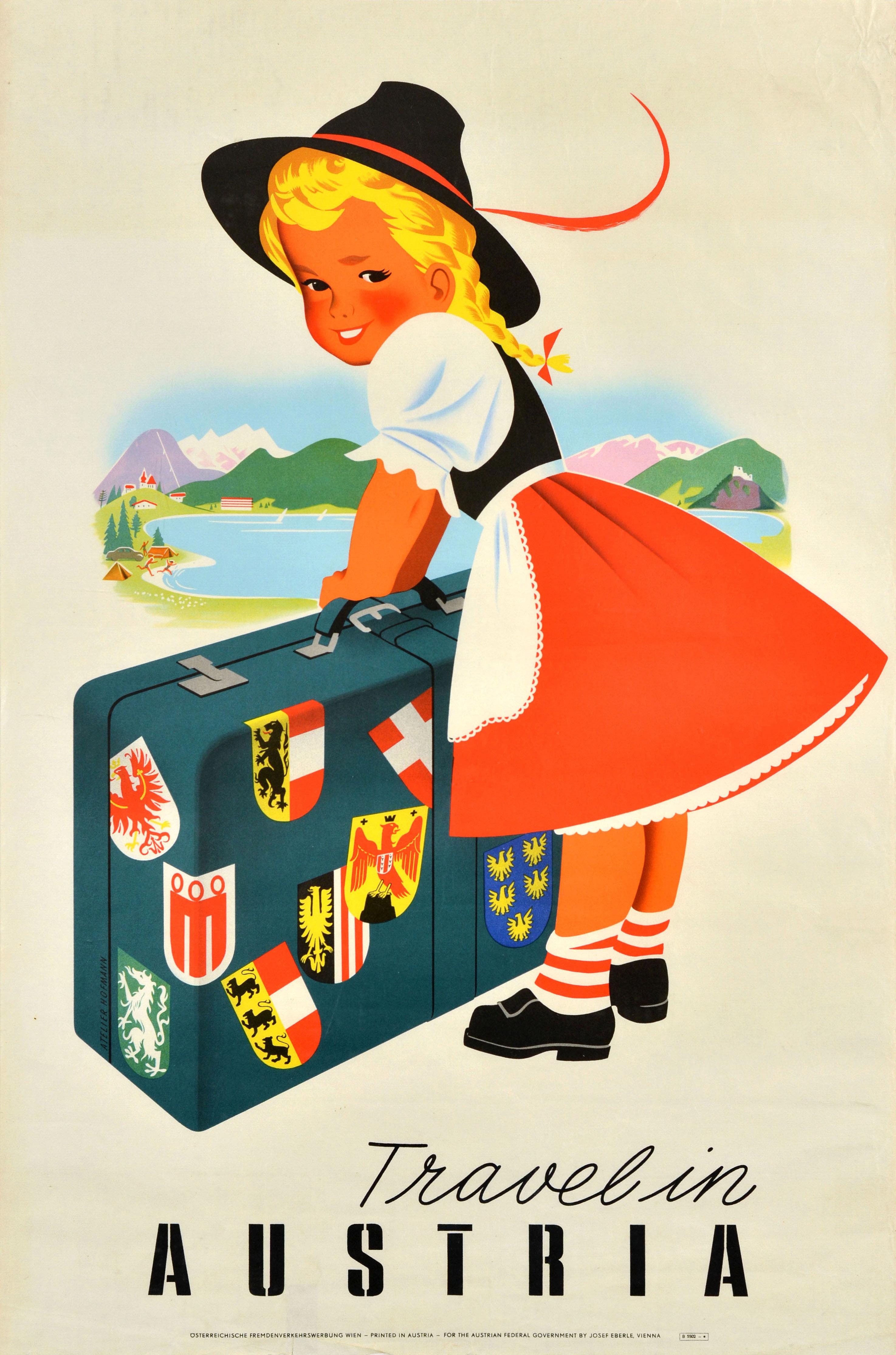 Original vintage travel poster - Travel in Austria - featuring an image of a smiling girl in a traditional dress and hat holding a large suitcase covered in luggage labels showing the various coat of arms of various Austrian states with a scenic