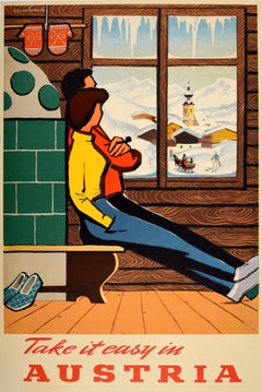 Original Vintage-Vintage-Wintersport-Skifahren-Reiseplakat „ Take It Easy Skifahren“ Österreich