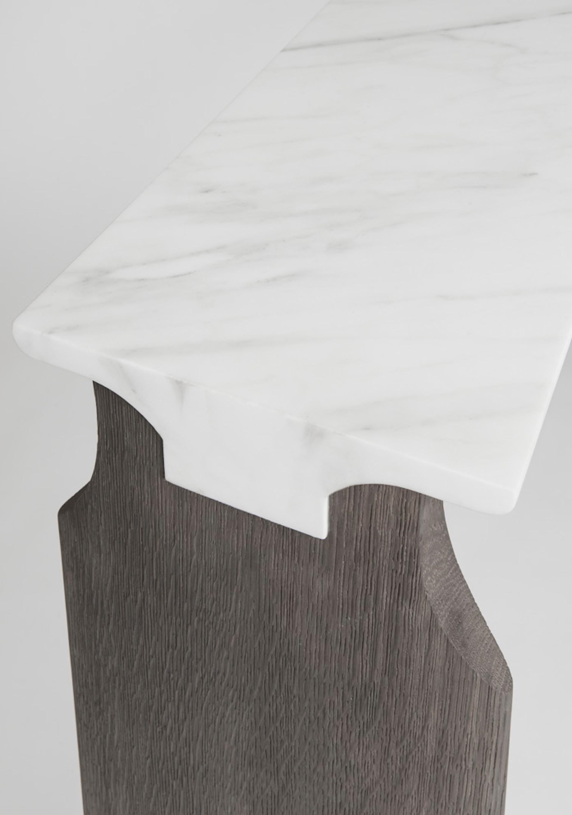 Atelier Linné Jay Console in Calacata Carved Marble and Brushed Tinted Oak For Sale 1
