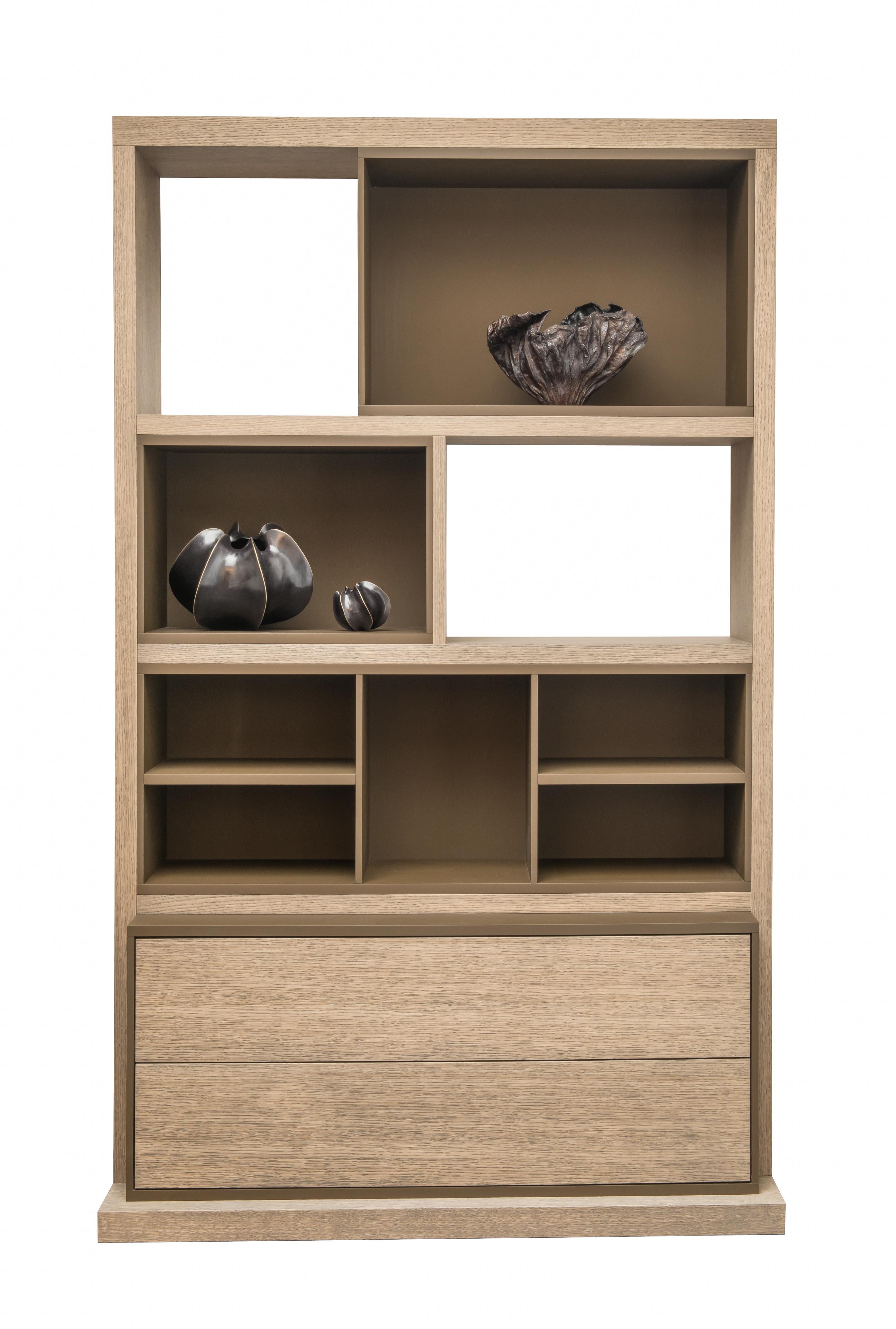The bookcase is designed by the Atelier Linné collective, with shelves made of oak and the bottom in matte lacquer. It is characterized by both its symmetrical and asymmetrical sides and includes two drawers on the width in the lower part.

Atelier