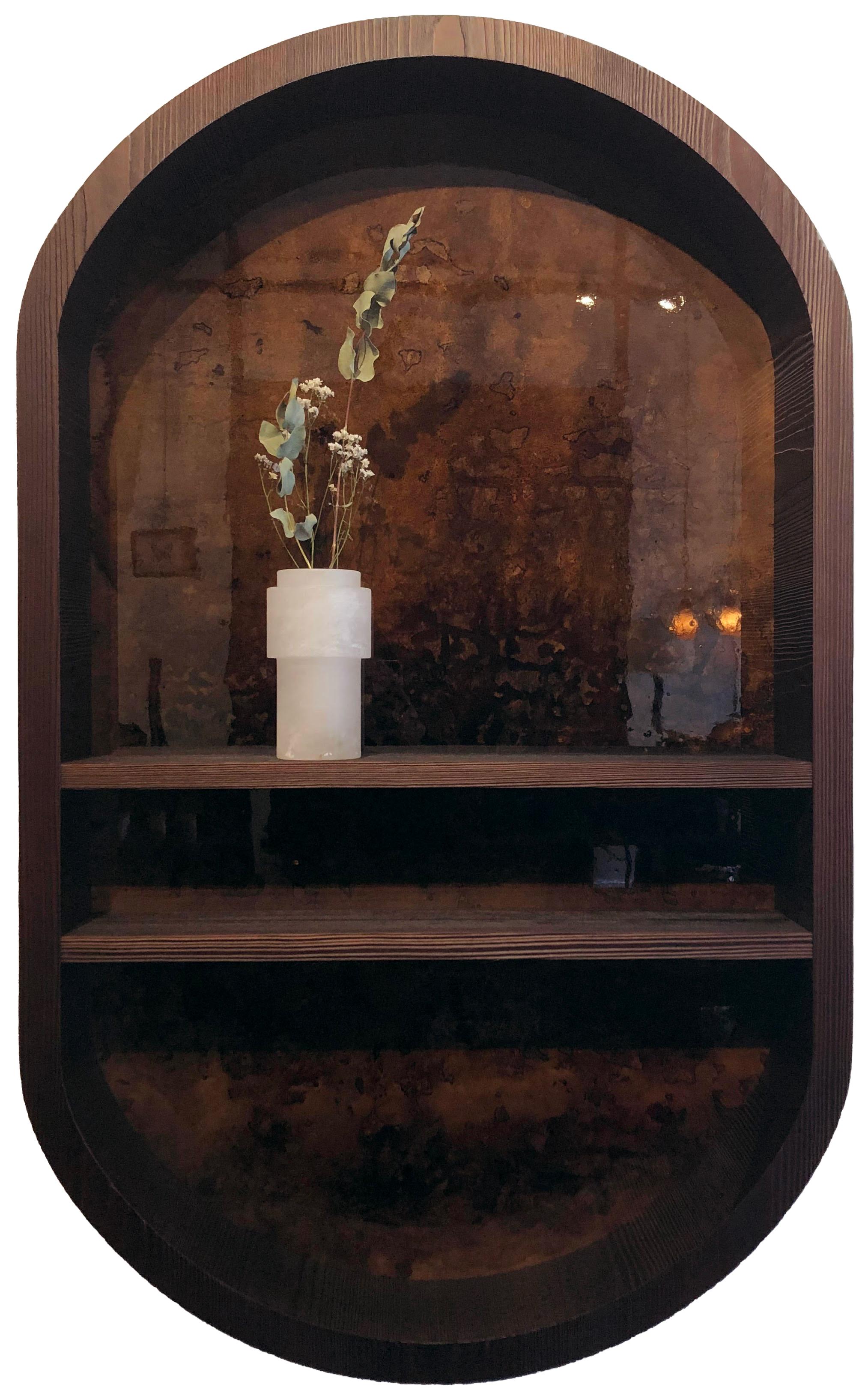 This low arched wall bookcase is made of sandblasted pine on lacquer panel. This piece created in 2020 is the result of a collaboration between the Atelier Linné for it’s cabinet work and Denis Perrollaz who made the lacquer panel.

Atelier Linné is