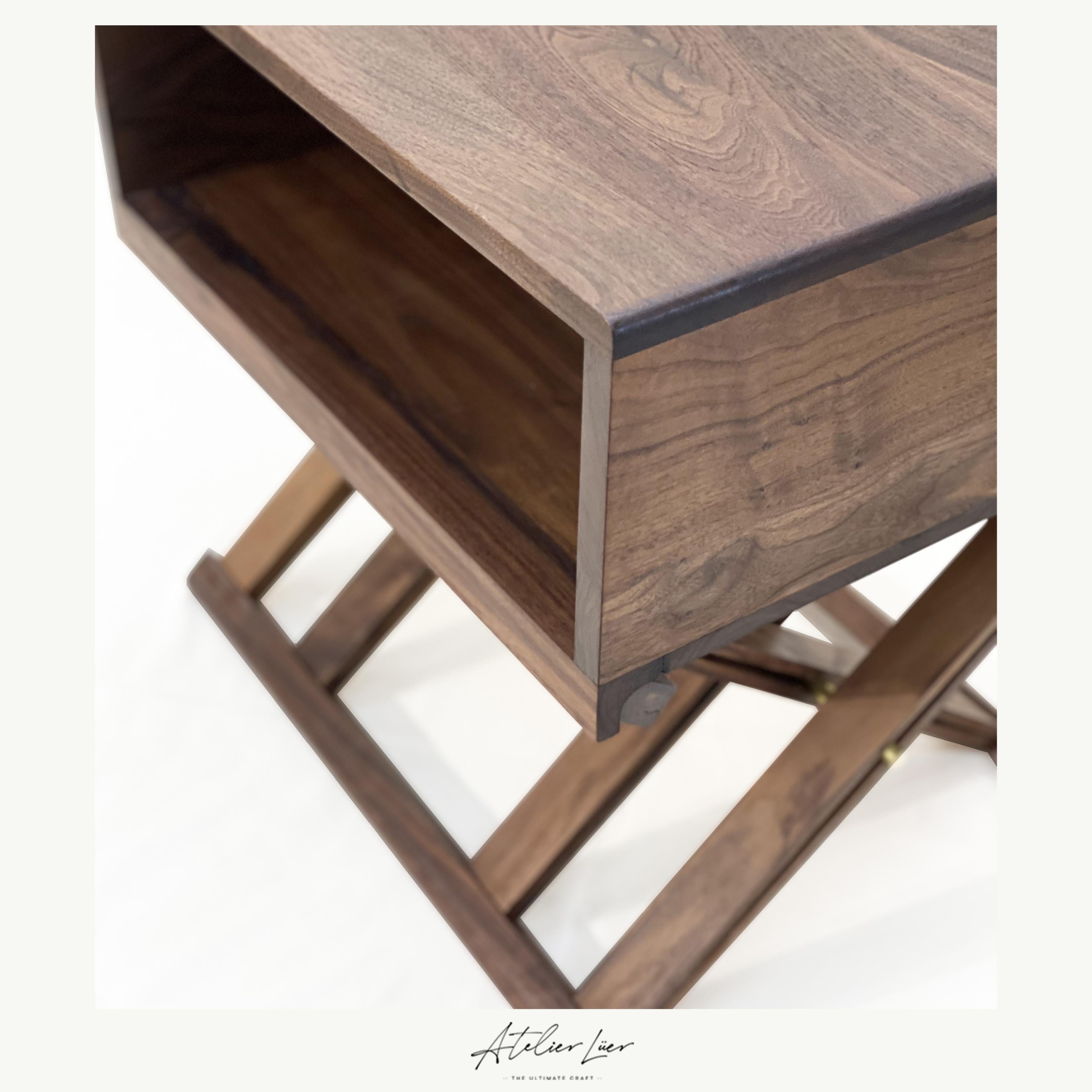 Atelier Luer Open Shelf Solid Walnut Night/End Table with X-Frame Base & Brass In New Condition In Miami, FL