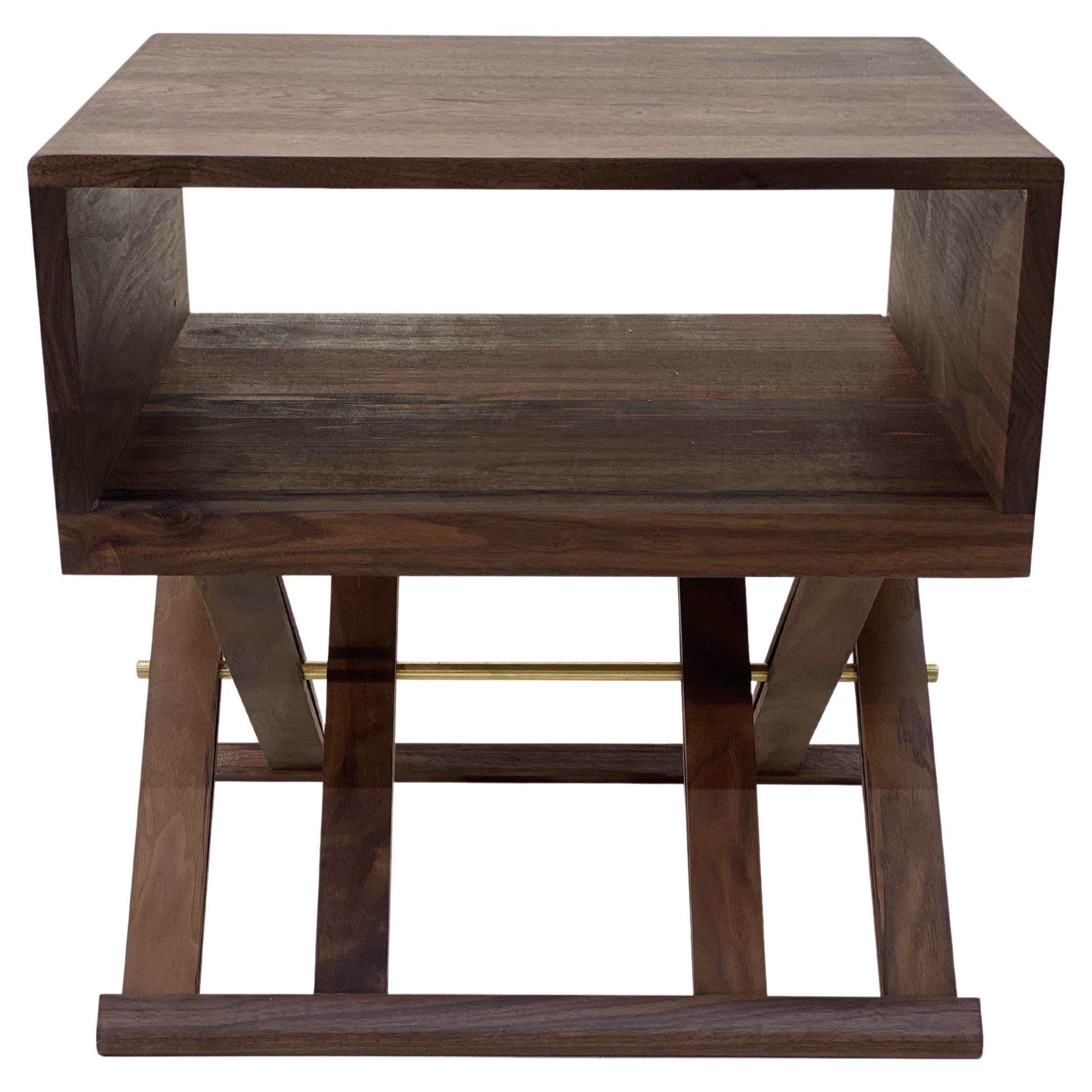Atelier Luer Open Shelf Solid Walnut Night/End Table with X-Frame Base & Brass