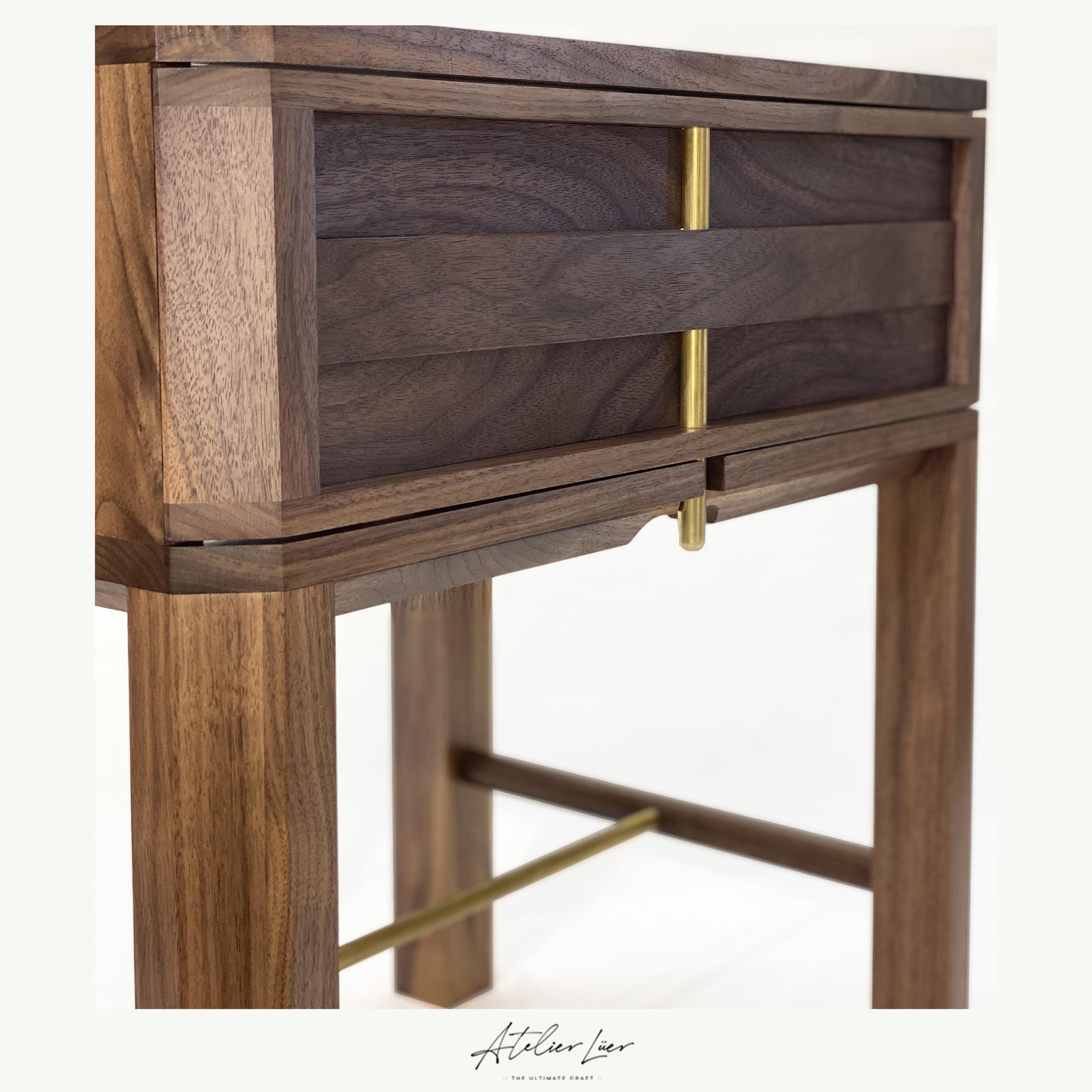 American Craftsman Atelier Luer Slat Front Walnut Night/Side/End Table with Drawer & Brass Hardware For Sale