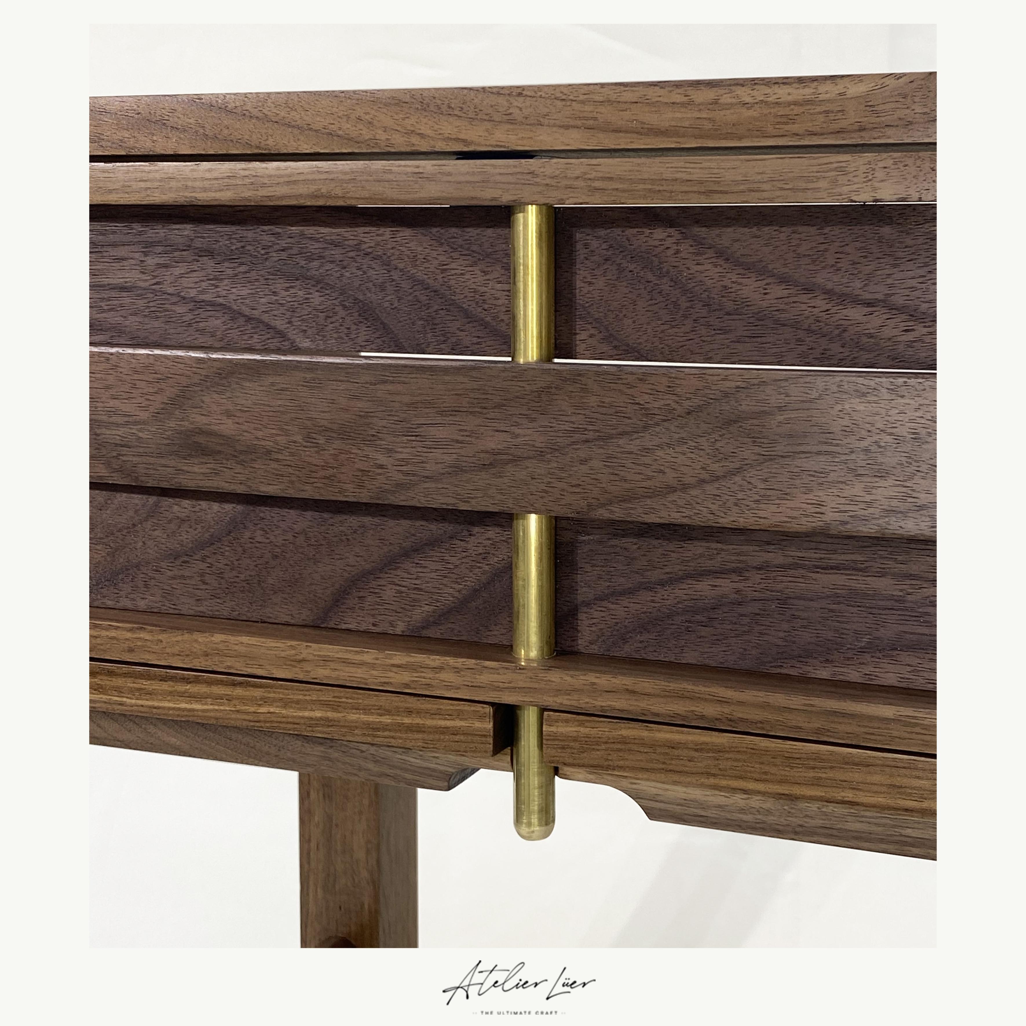 Contemporary Atelier Luer Slat Front Walnut Night/Side/End Table with Drawer & Brass Hardware For Sale