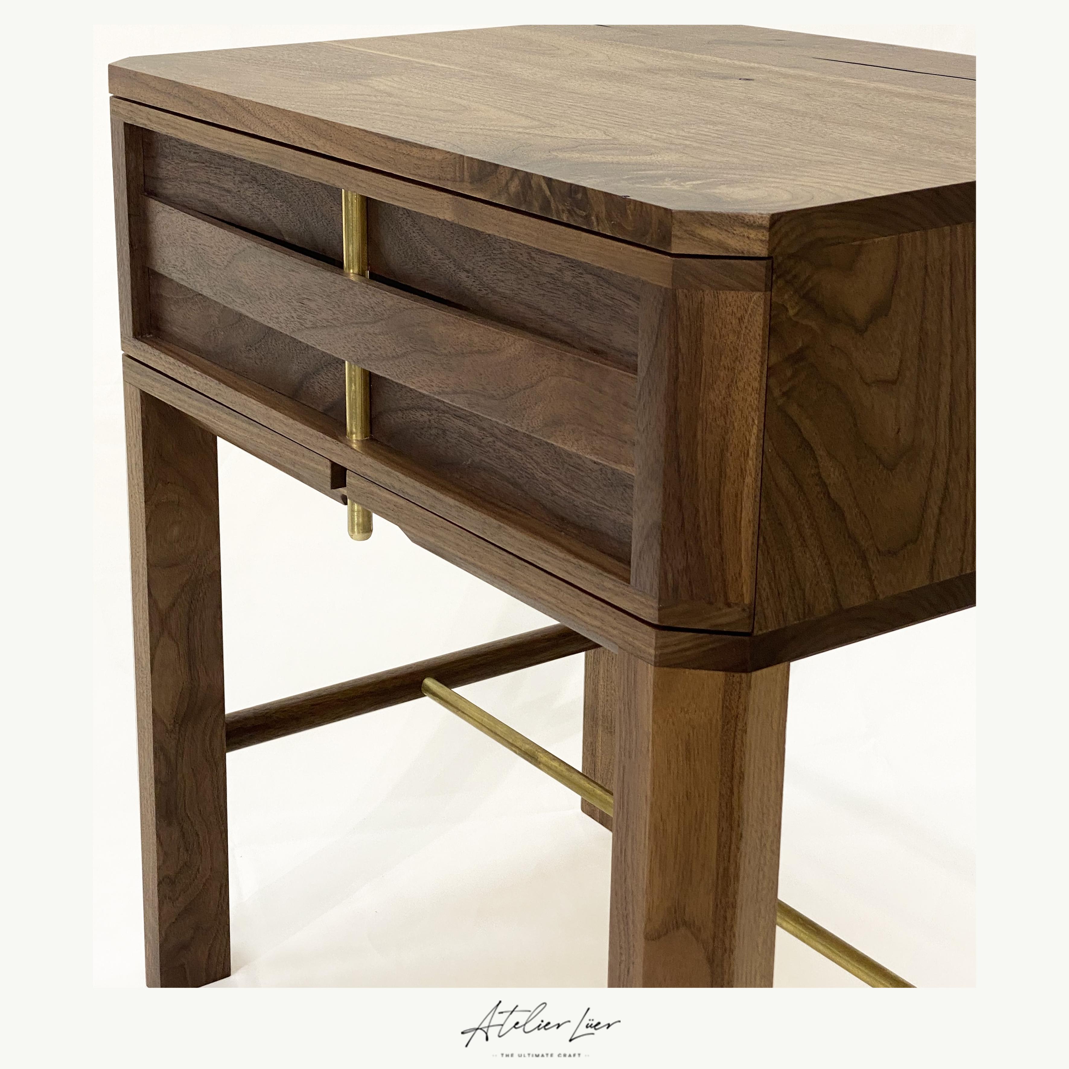 Atelier Luer Slat Front Walnut Night/Side/End Table with Drawer & Brass Hardware For Sale 1
